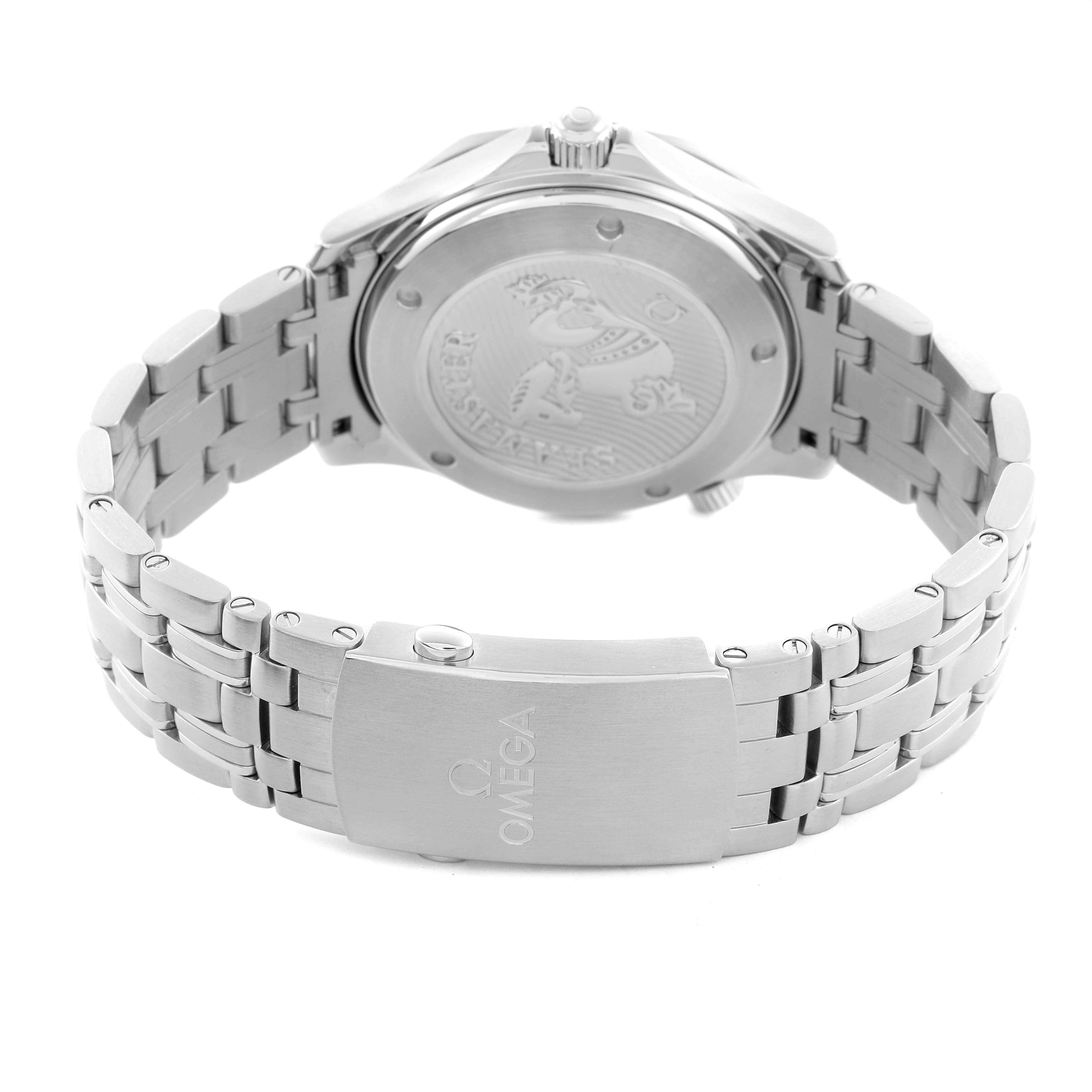 The image shows the back and bracelet clasp of the Omega Seamaster 212.30.41.20.01.003 Men
s Stainless Steel Black Dial 212.30.41.20.01.003 Men
s Stainless Steel Black Dial watch, highlighting its engraved case back and stainless steel strap.