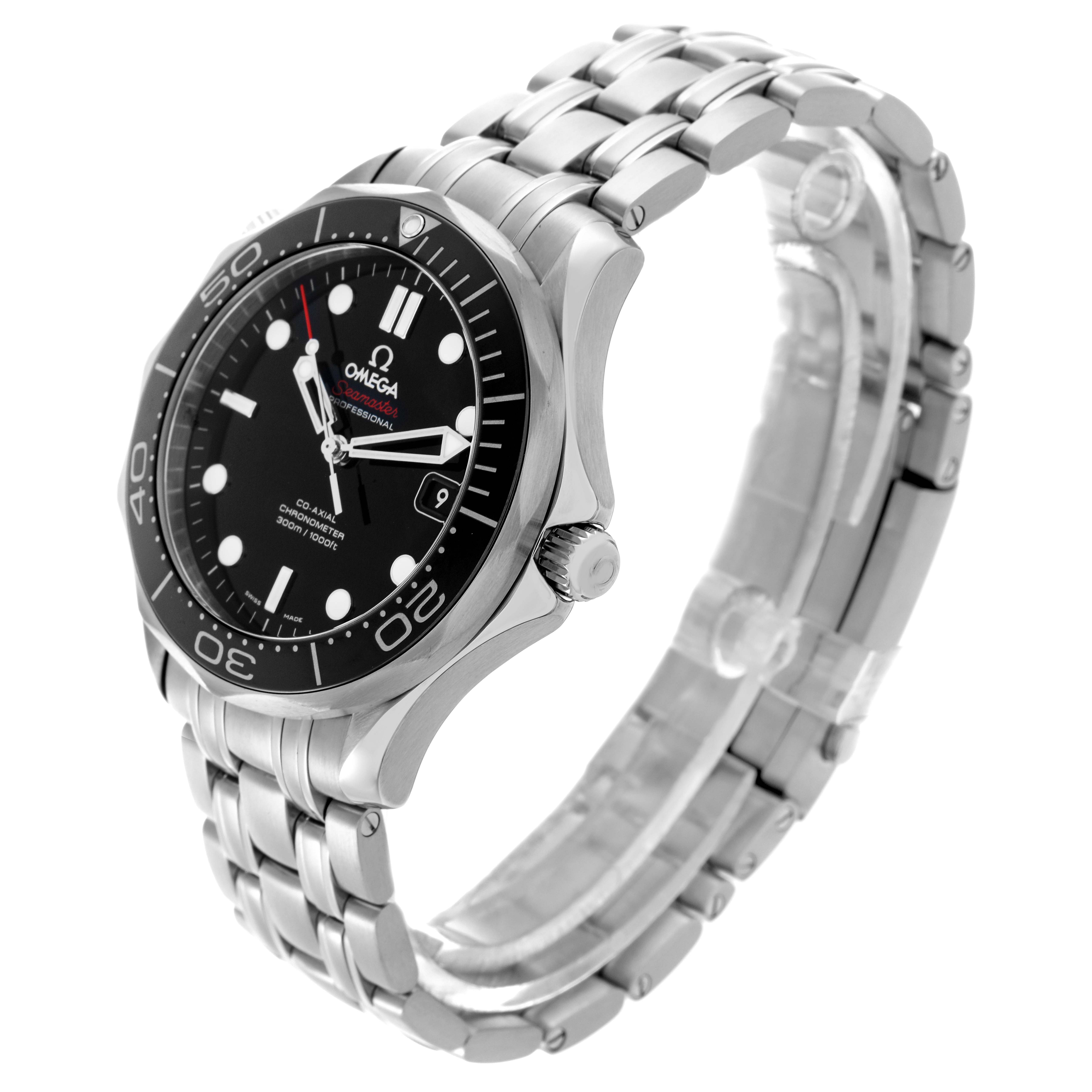 The Omega Seamaster 212.30.41.20.01.003 Men
s Stainless Steel Black Dial 212.30.41.20.01.003 Men
s Stainless Steel Black Dial watch is shown from a three-quarter angle, highlighting the face, bezel, and stainless steel bracelet.