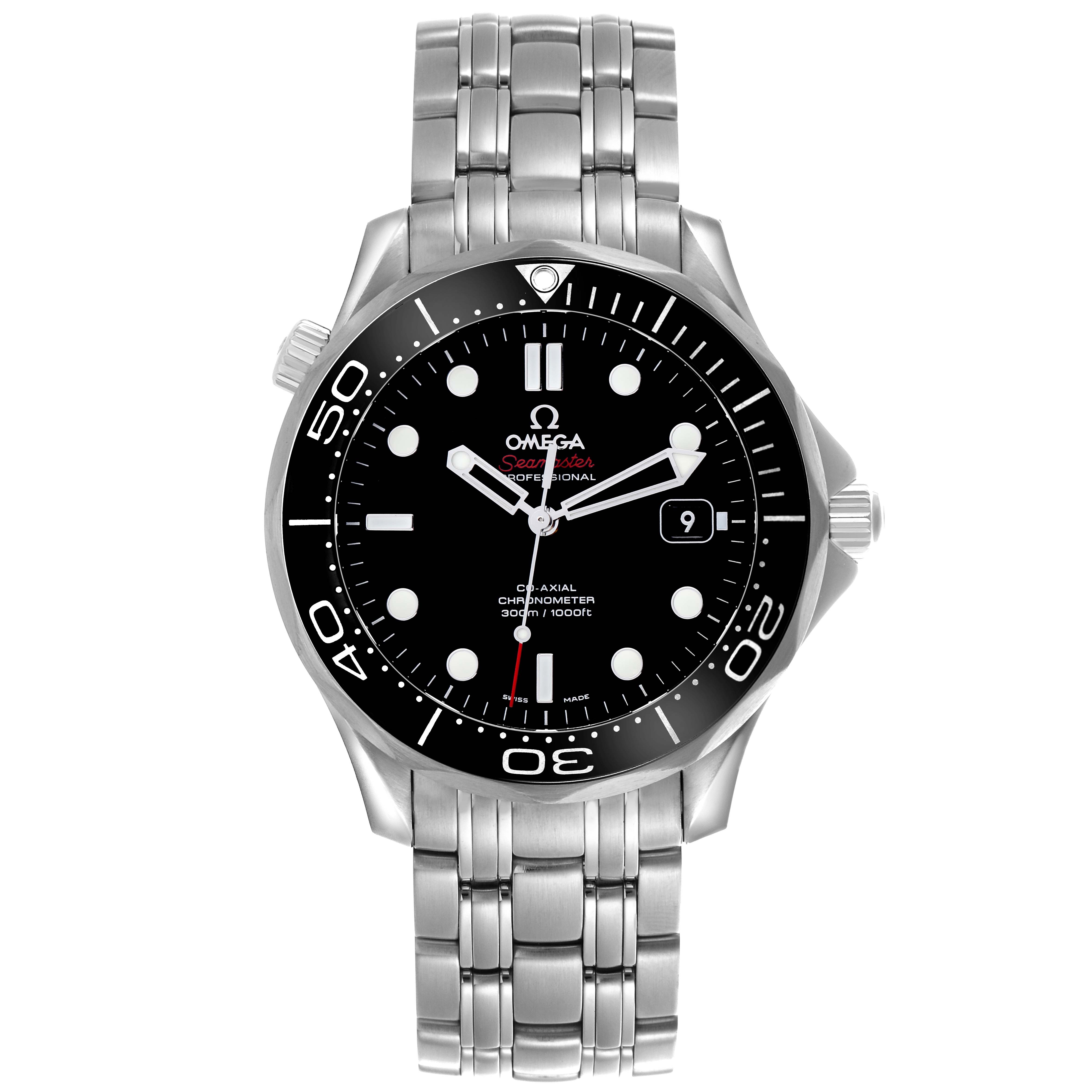 The Omega Seamaster 212.30.41.20.01.003 Men
s Stainless Steel Black Dial 212.30.41.20.01.003 Men
s Stainless Steel Black Dial watch is shown from a frontal view, displaying its dial, bezel, and stainless steel bracelet.