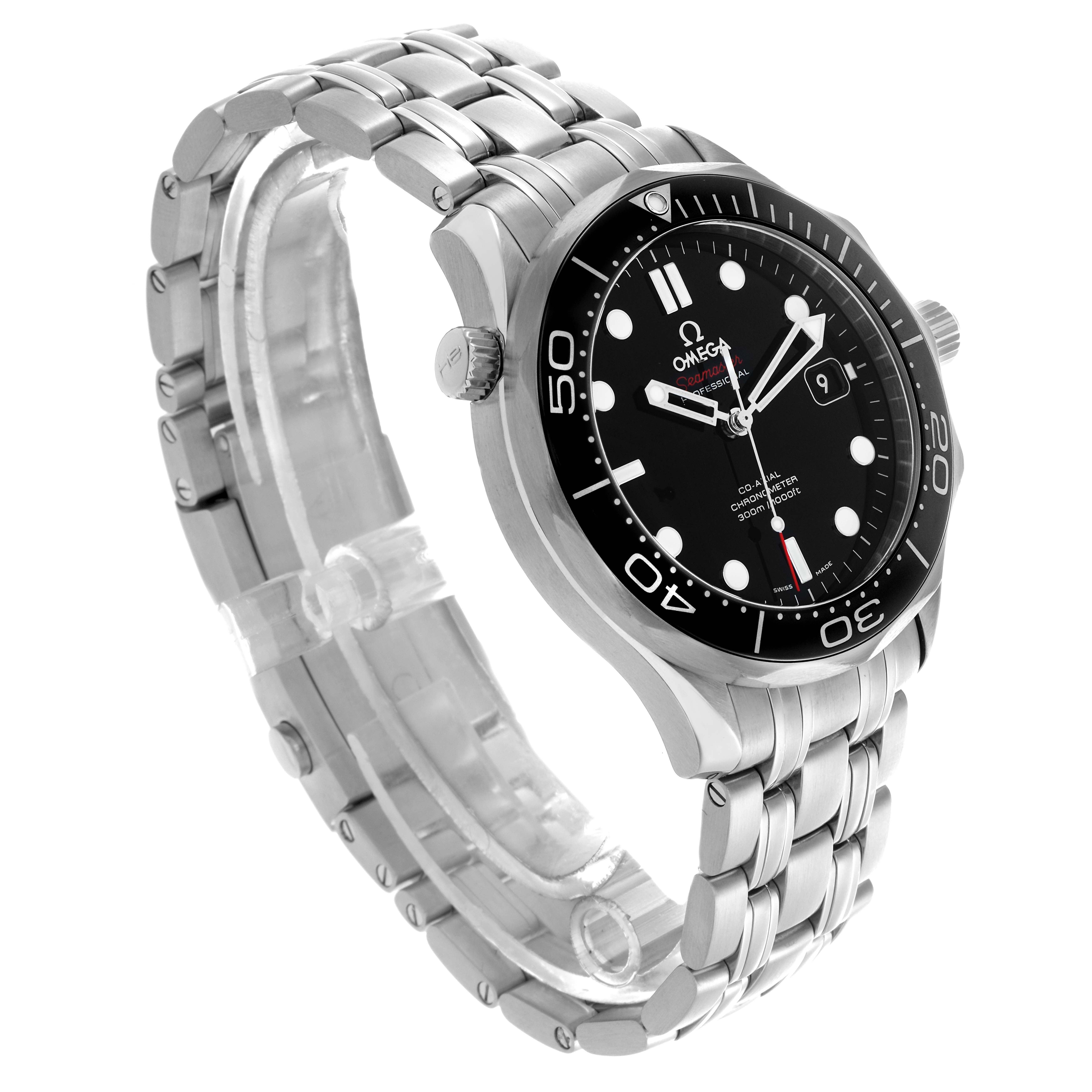 The Omega Seamaster 212.30.41.20.01.003 Men
s Stainless Steel Black Dial 212.30.41.20.01.003 Men
s Stainless Steel Black Dial watch is shown at an angled side view, displaying the face, bezel, crown, and metal bracelet.