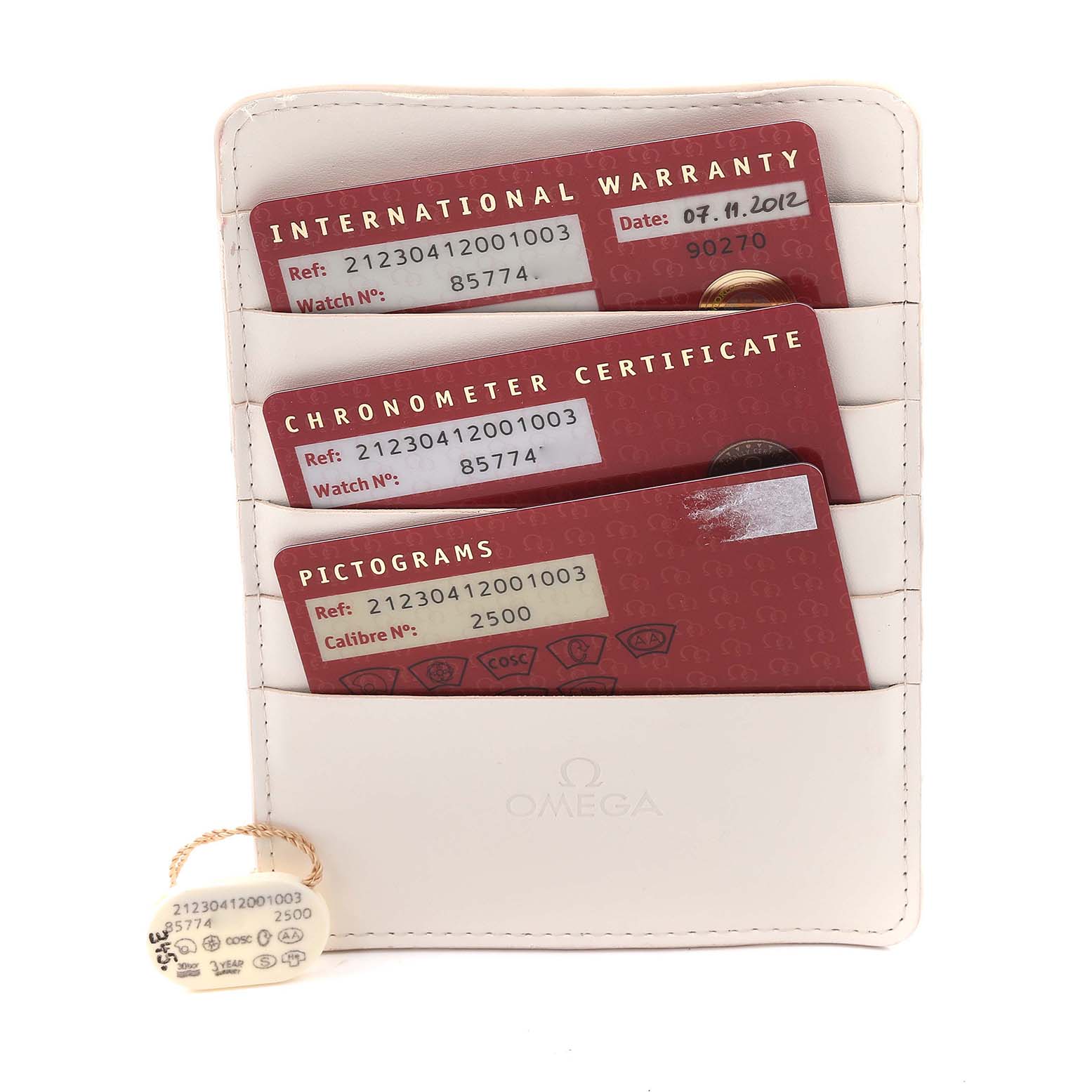 The image shows Omega Seamaster 212.30.41.20.01.003 Men
s Stainless Steel Black Dial 212.30.41.20.01.003 Men
s Stainless Steel Black Dial accessories, including warranty cards in a holder and a tag.