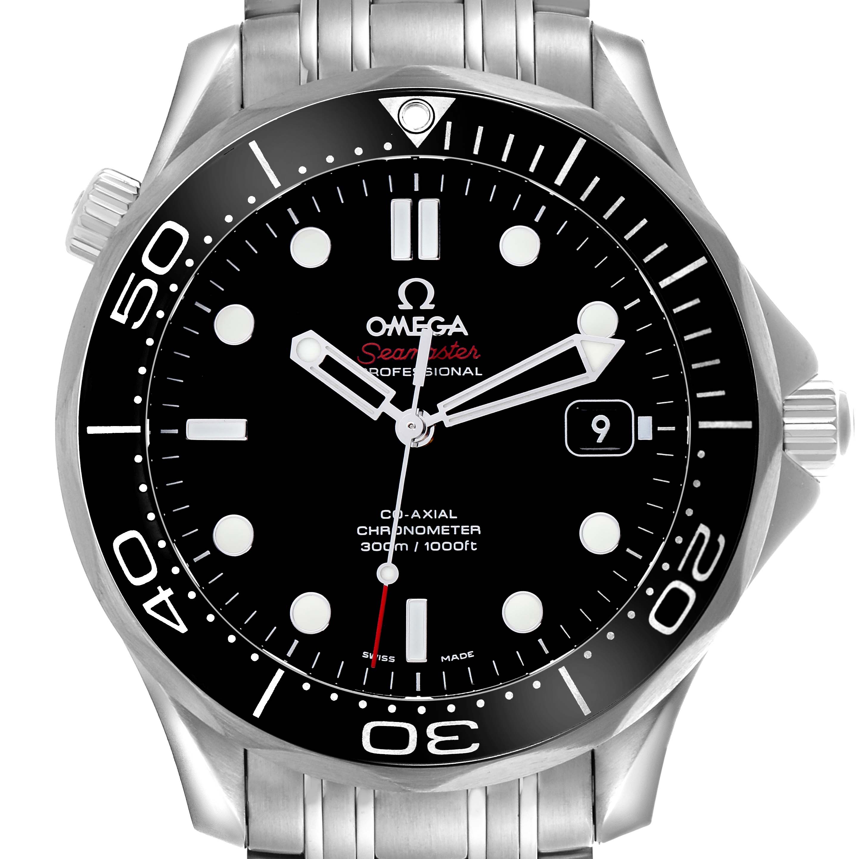 The Omega Seamaster 212.30.41.20.01.003 Men
s Stainless Steel Black Dial 212.30.41.20.01.003 Men
s Stainless Steel Black Dial watch is shown from a front view, highlighting the dial, bezel, and crown.