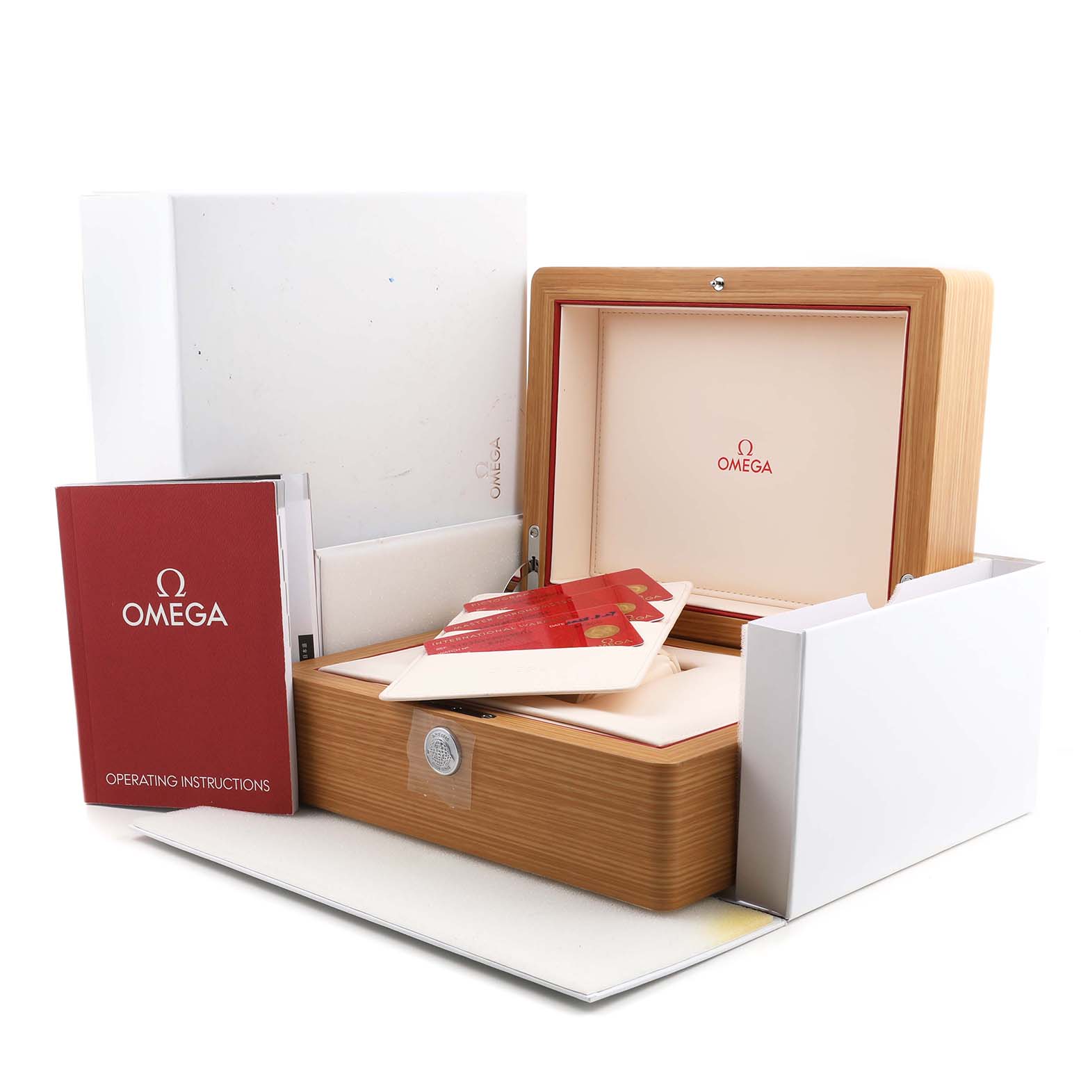 The image shows an Omega Seamaster 210.30.42.20.06.001 Men's Stainless Steel Grey Dial packaging with a wooden box, open lid, warranty cards, and an operating instructions booklet.