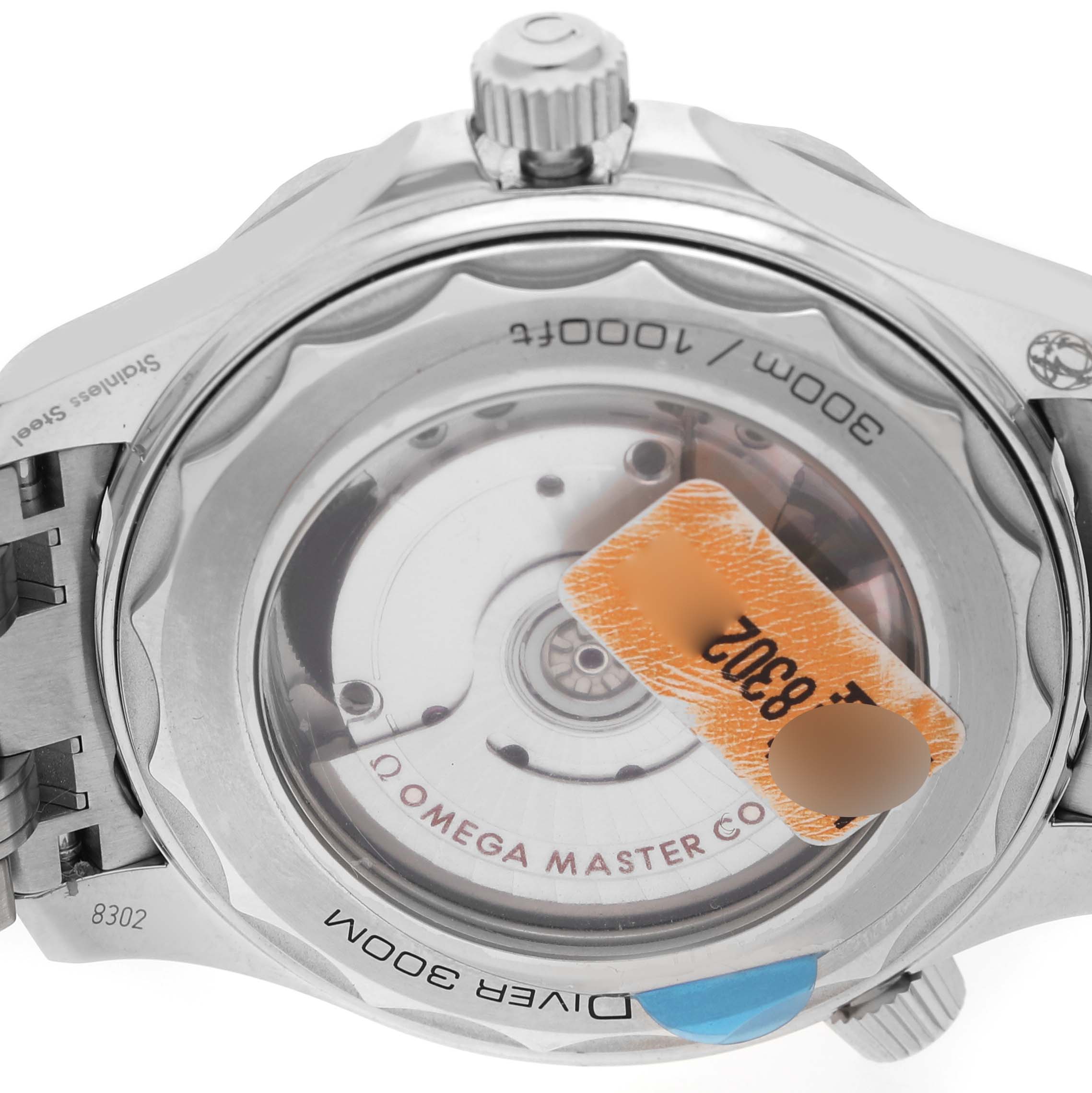 The image shows the case back of the Omega Seamaster 210.30.42.20.06.001 Men's Stainless Steel Grey Dial watch, highlighting the movement through a transparent backing.