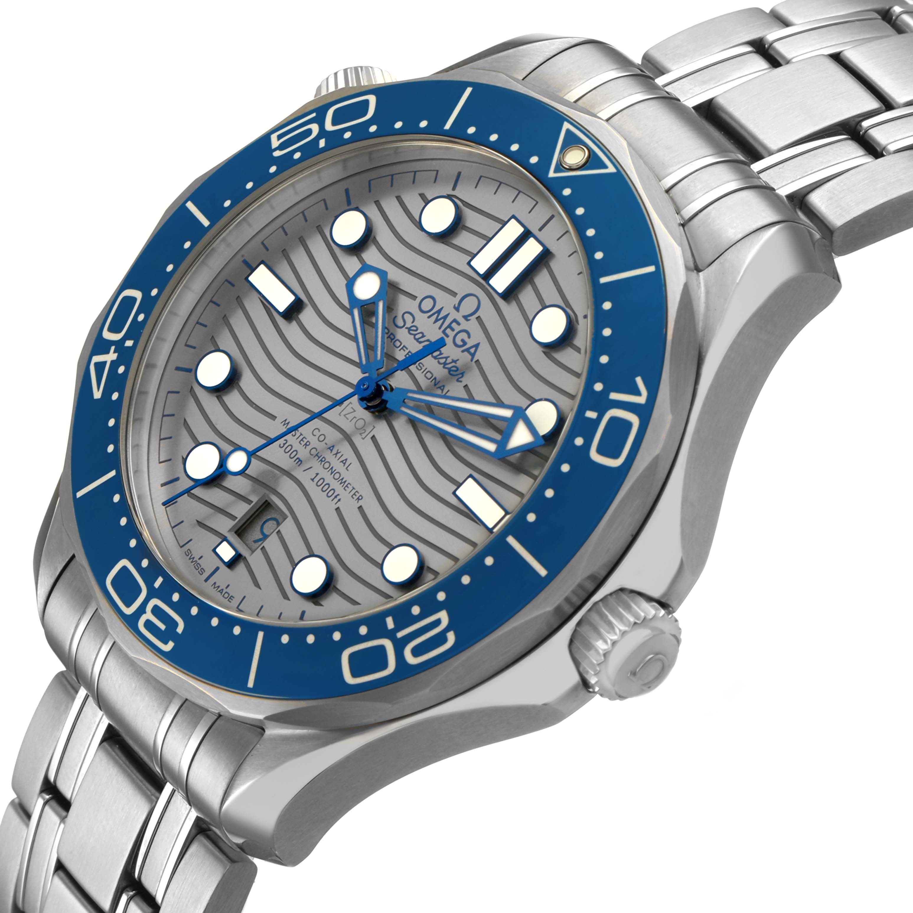 The Omega Seamaster 210.30.42.20.06.001 Men's Stainless Steel Grey Dial watch is shown at an angled view, displaying the face, bezel, and bracelet.