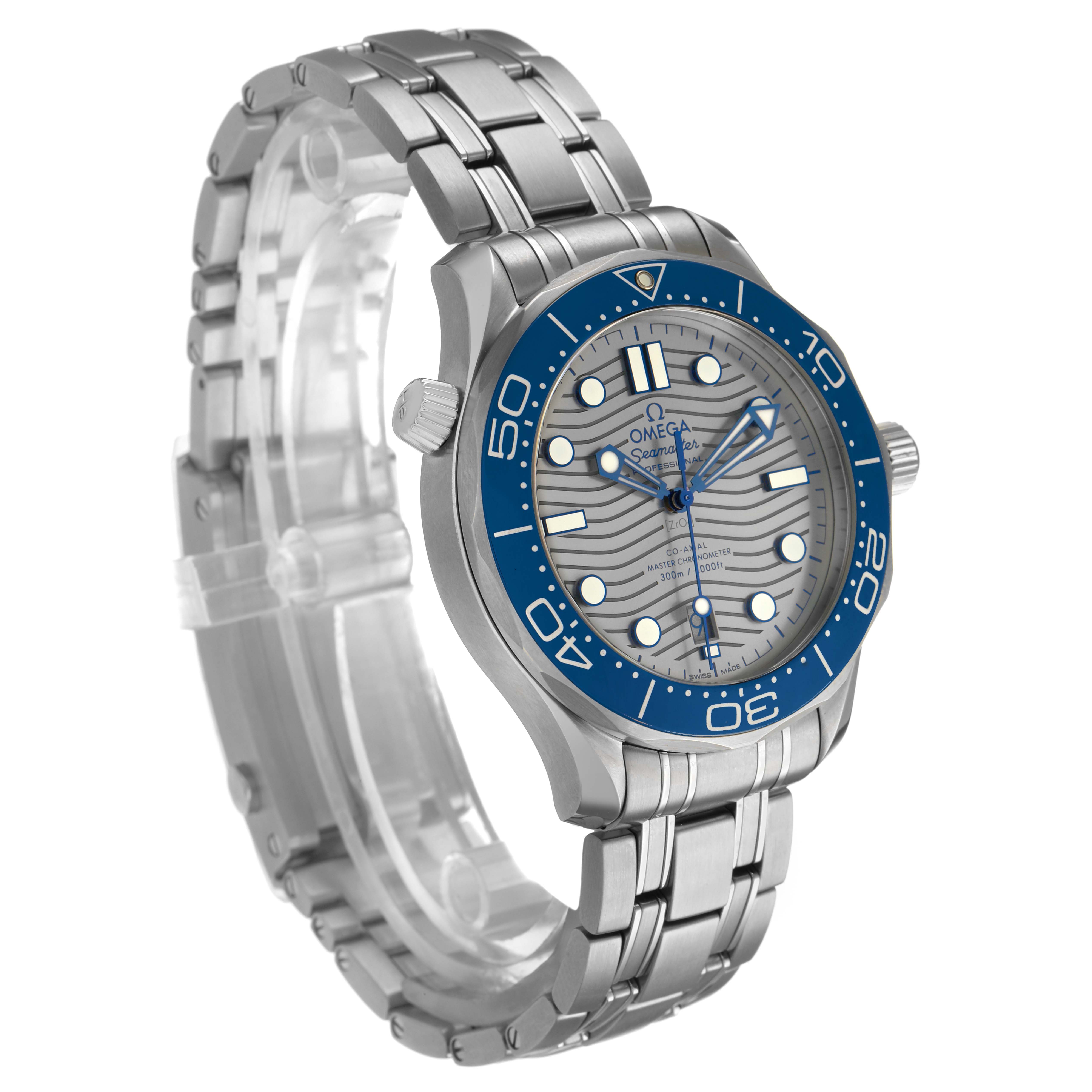 The Omega Seamaster 210.30.42.20.06.001 Men's Stainless Steel Grey Dial watch is shown at an angled side view, displaying the bracelet, bezel, dial, and crown.