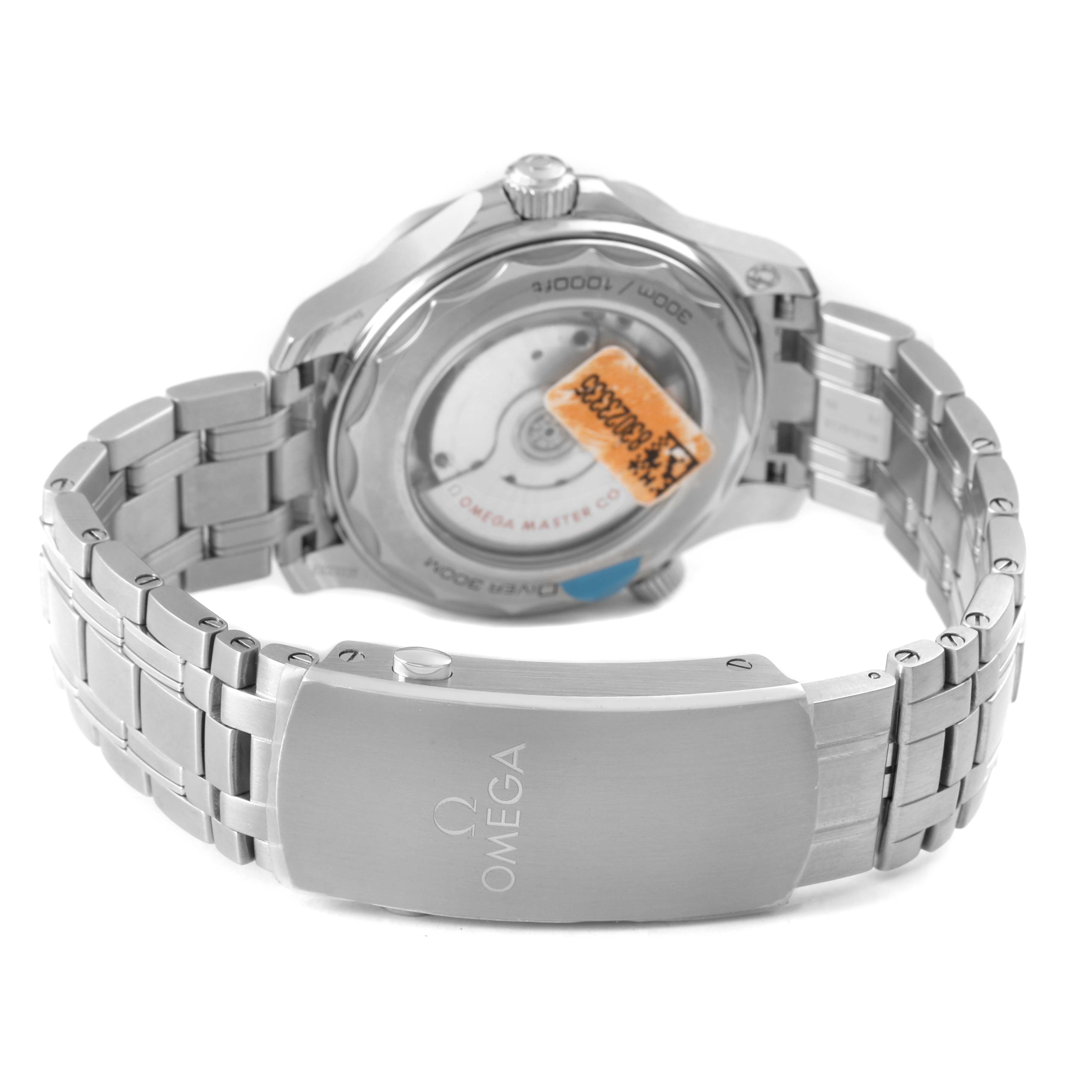 The image shows the back and clasp of an Omega Seamaster 210.30.42.20.06.001 Men's Stainless Steel Grey Dial watch, highlighting the bracelet and caseback.