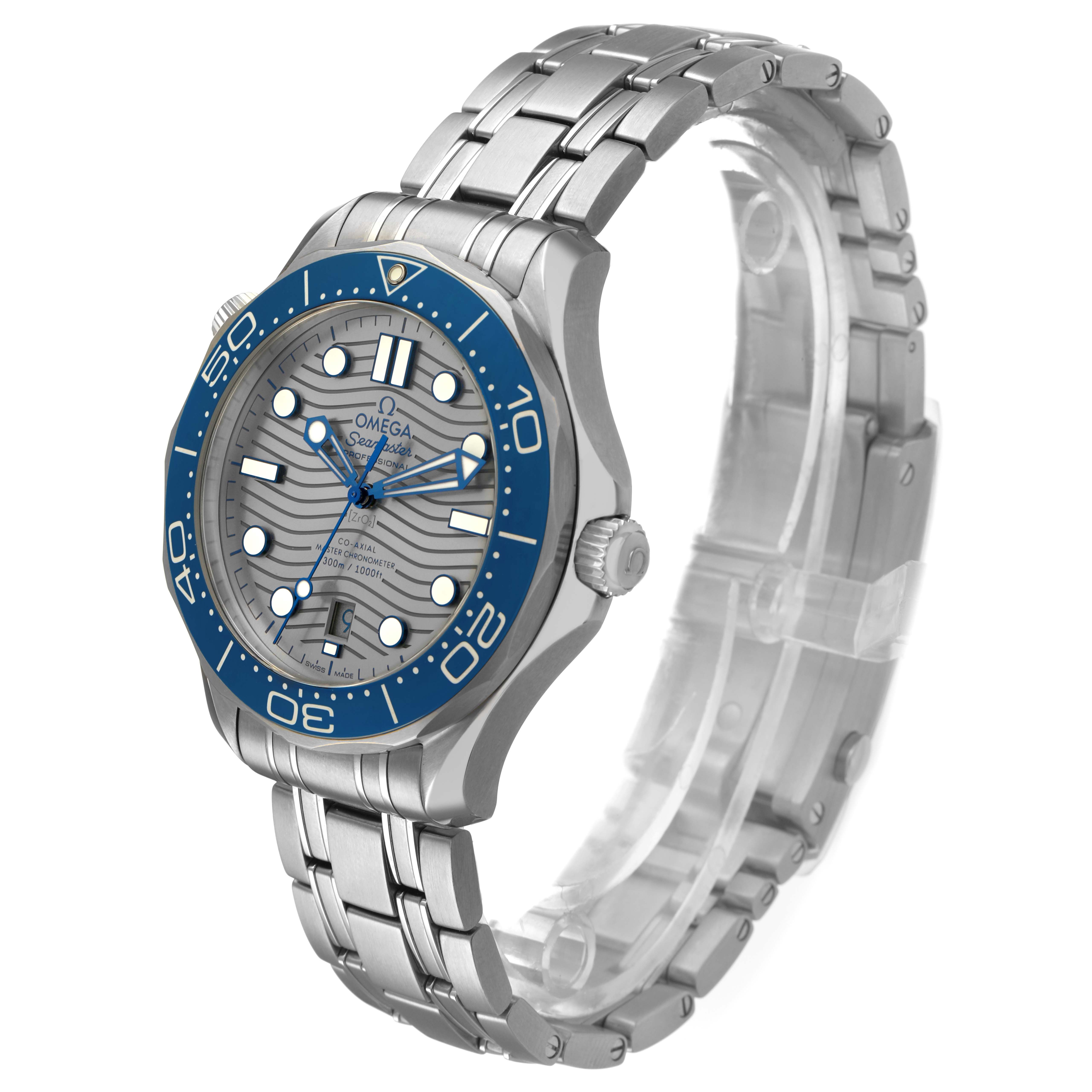 The Omega Seamaster 210.30.42.20.06.001 Men's Stainless Steel Grey Dial watch is shown at a three-quarter angle, featuring the face, bezel, crown, and bracelet prominently.