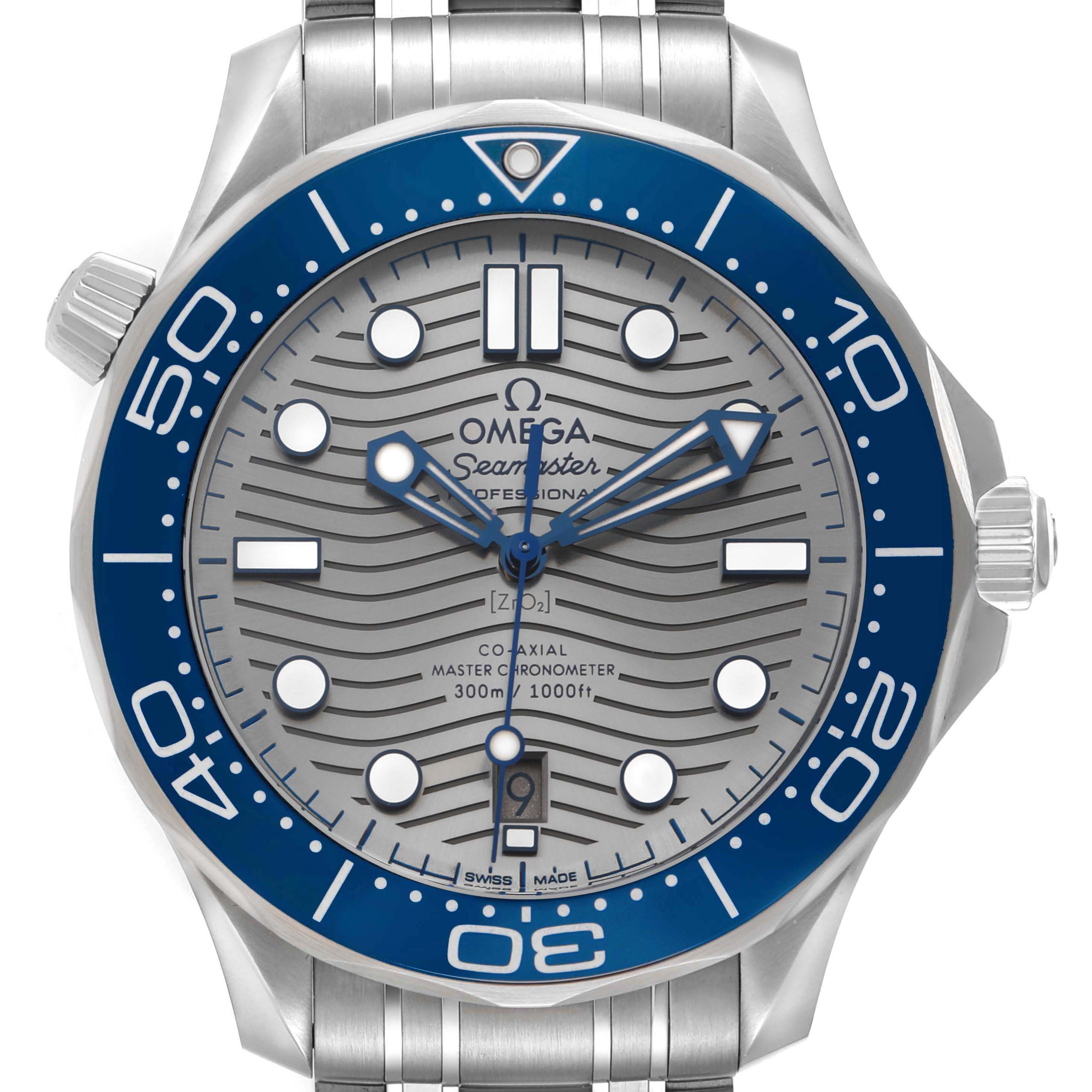 This Omega Seamaster 210.30.42.20.06.001 Men's Stainless Steel Grey Dial model is shown from the front, highlighting the dial, bezel, and central bracelet links.