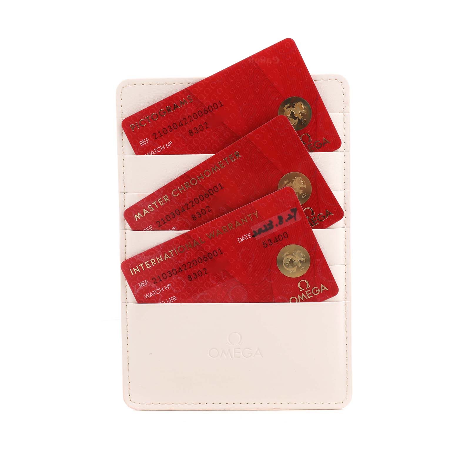 The image shows three red cards for an Omega Seamaster 210.30.42.20.06.001 Men's Stainless Steel Grey Dial, displayed in a white holder.