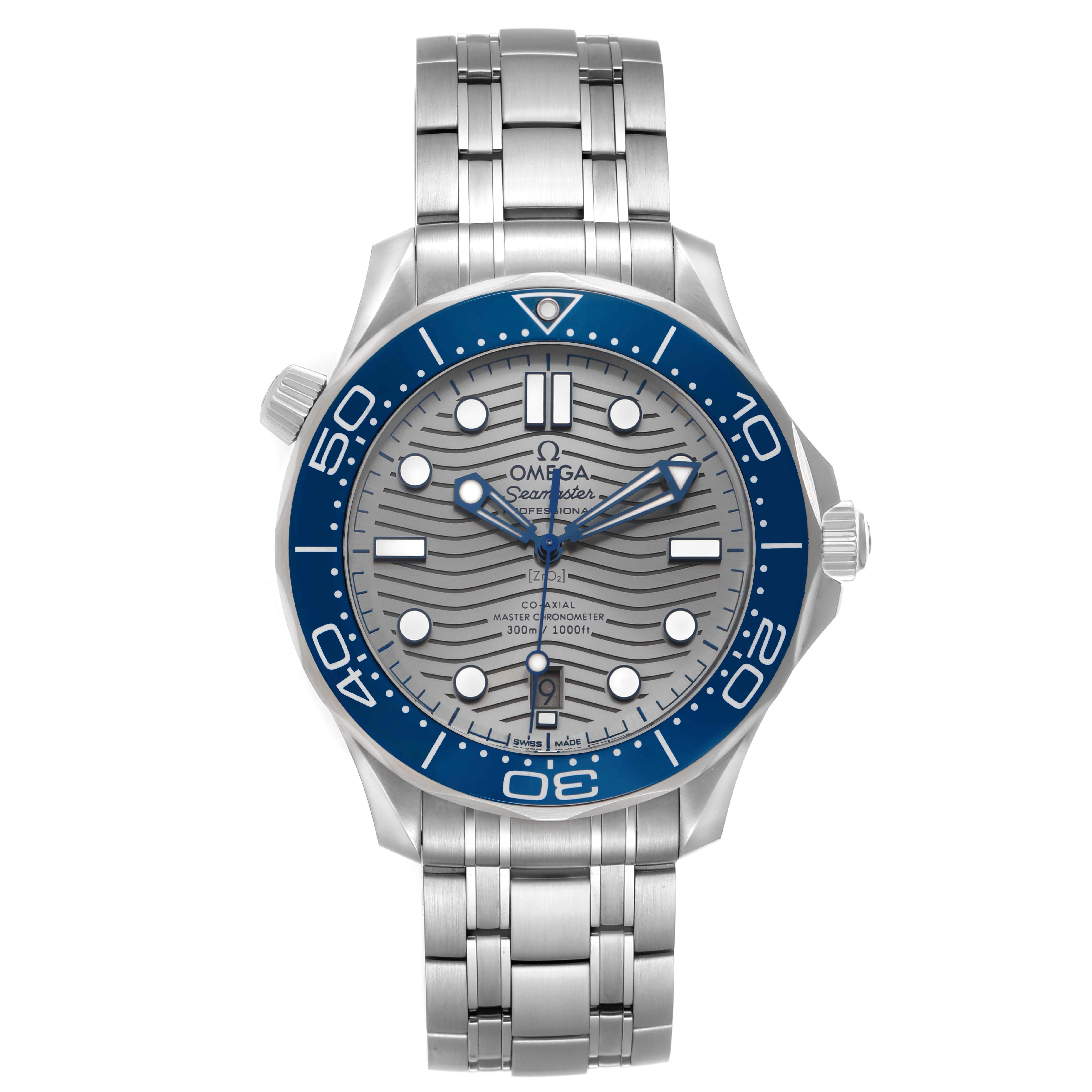 The Omega Seamaster 210.30.42.20.06.001 Men's Stainless Steel Grey Dial watch is shown from the front, displaying the dial, bezel, crown, and bracelet clearly.