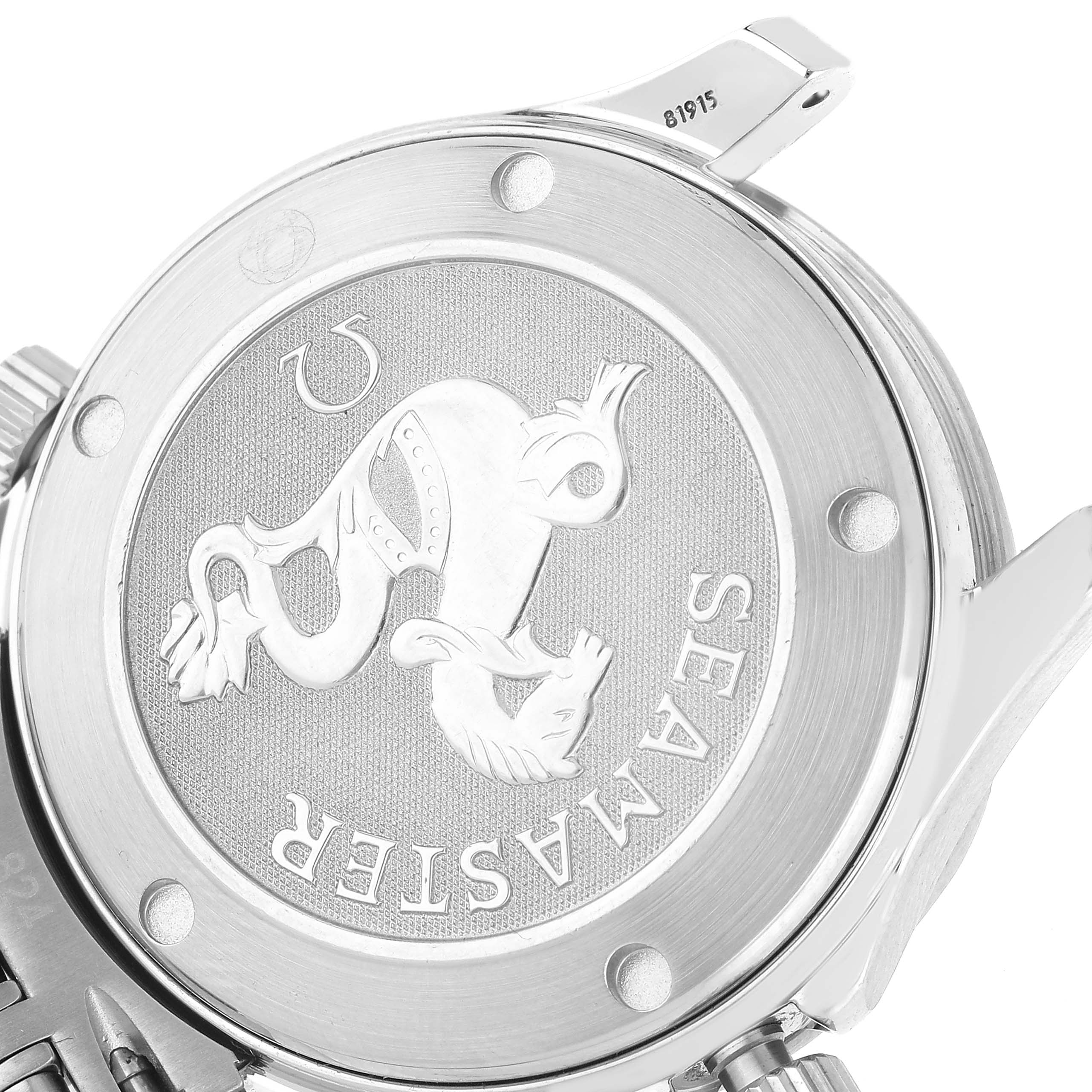 The image shows the case back of an Omega Seamaster 212.30.36.20.01.001 Men's Stainless Steel Black Dial watch, featuring its emblem and engraving details.