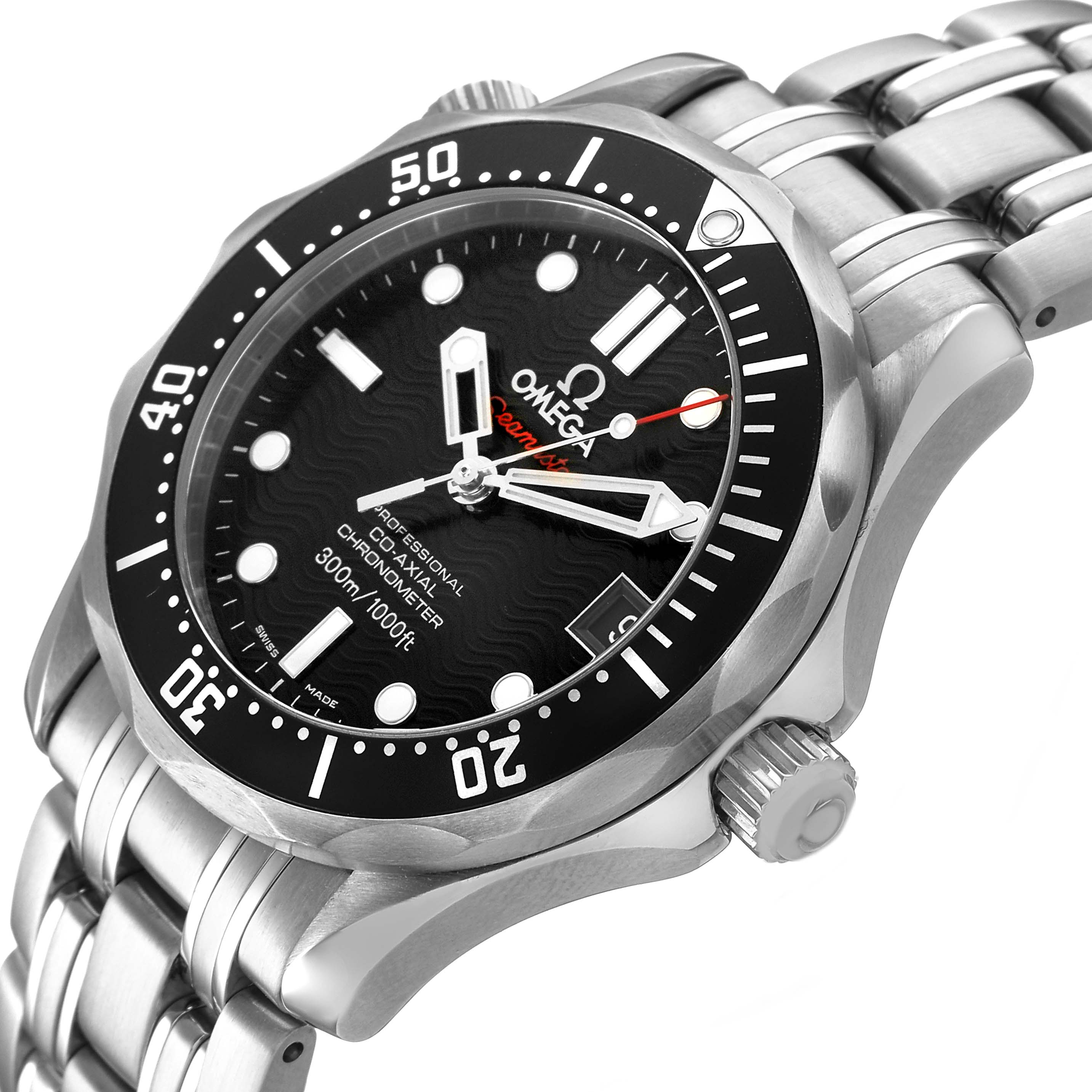 The Omega Seamaster 212.30.36.20.01.001 Men's Stainless Steel Black Dial watch is shown at a slight angle, highlighting the face, bezel, and part of the bracelet.