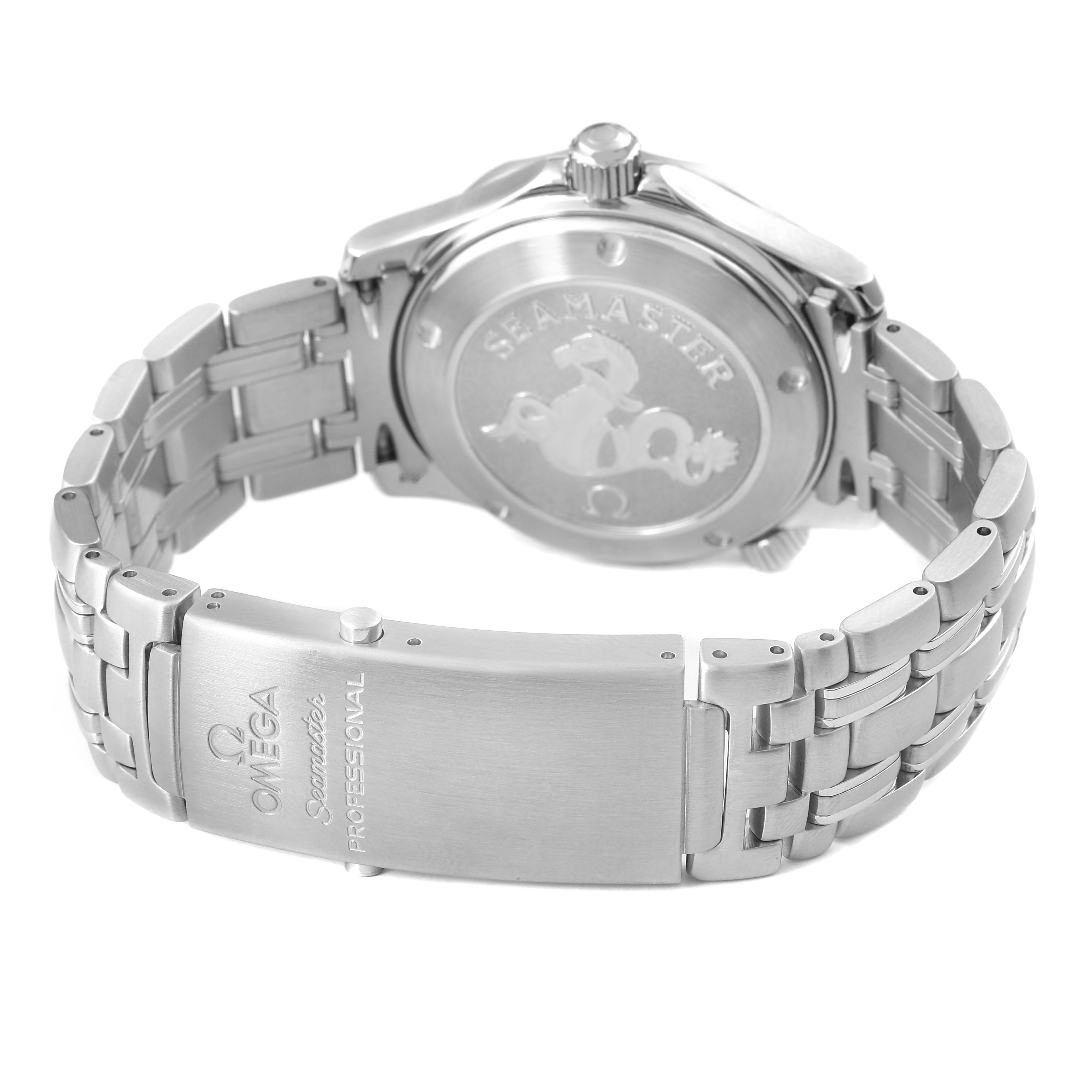 The image shows the back and clasp of an Omega Seamaster 212.30.36.20.01.001 Men's Stainless Steel Black Dial watch at an angle highlighting the bracelet and engraved case back.