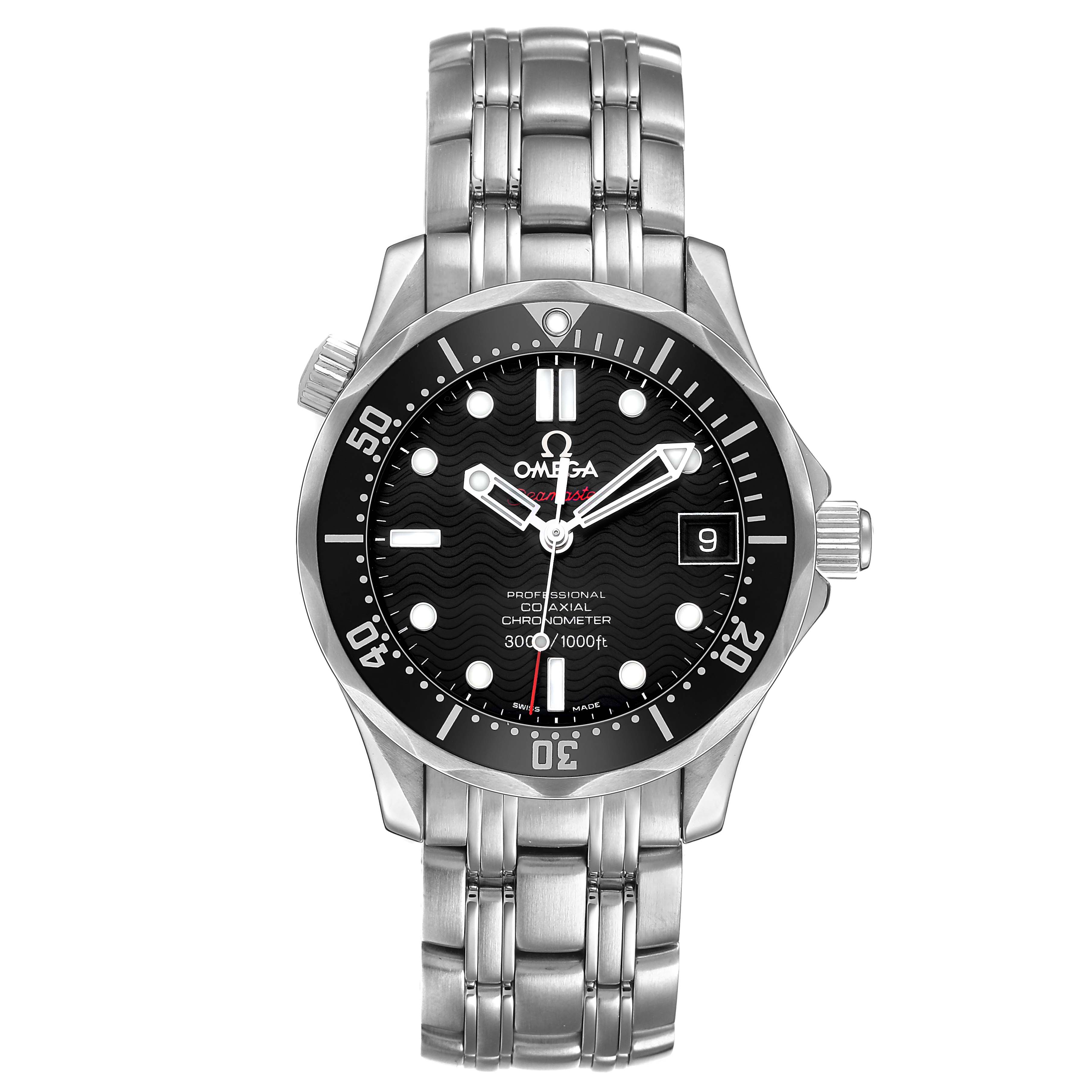 The Omega Seamaster 212.30.36.20.01.001 Men's Stainless Steel Black Dial watch is shown from a top view, displaying the face, bezel, and bracelet.