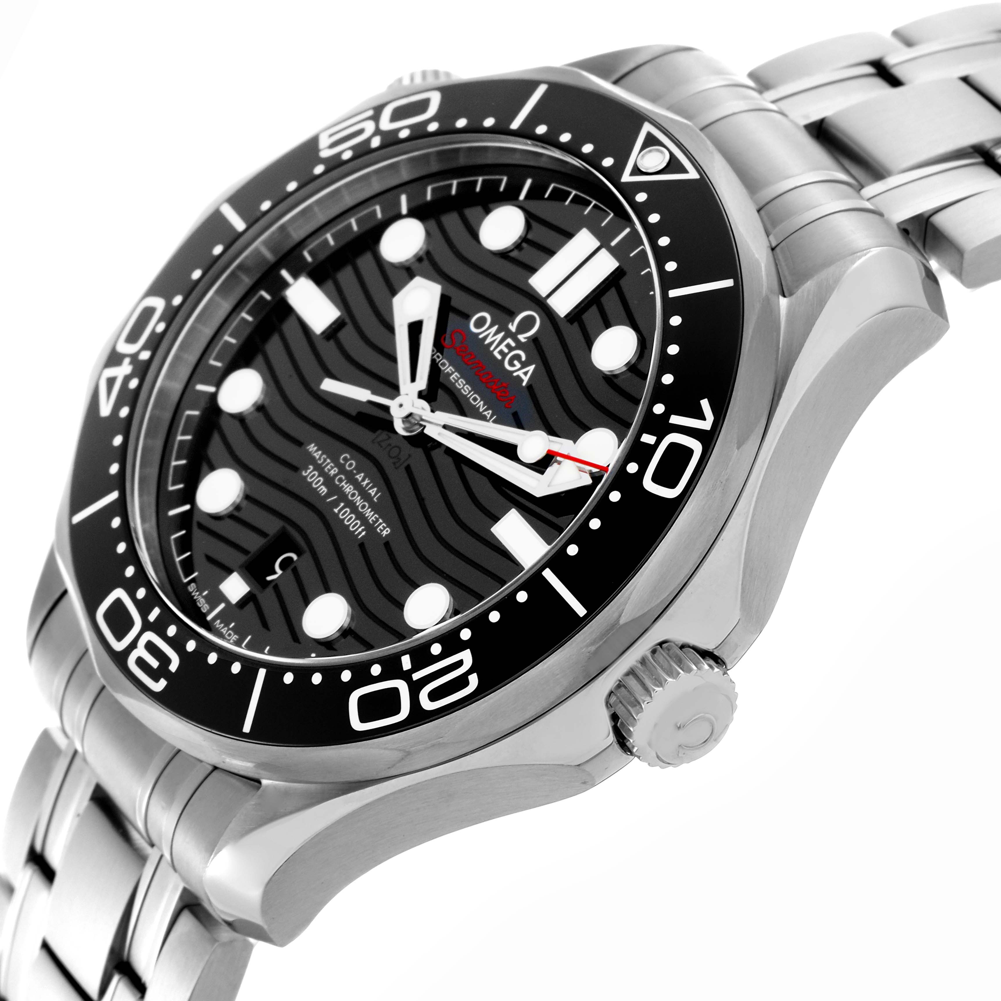 This image shows a side-angle view of the Omega Seamaster 210.30.42.20.01.001 Men's Stainless Steel Black Dial 210.30.42.20.01.001 Men's Stainless Steel Black Dial watch, highlighting the bezel, dial, crown, and part of the bracelet.
