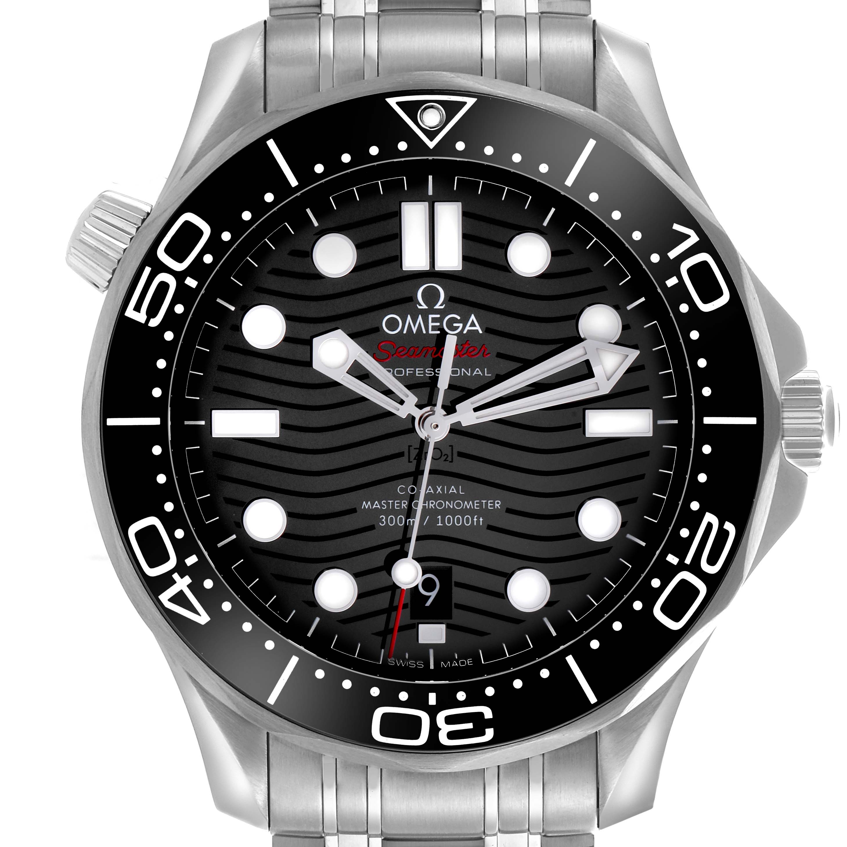 The Omega Seamaster 210.30.42.20.01.001 Men's Stainless Steel Black Dial 210.30.42.20.01.001 Men's Stainless Steel Black Dial watch is shown from a front angle, highlighting the dial, bezel, and part of the bracelet.
