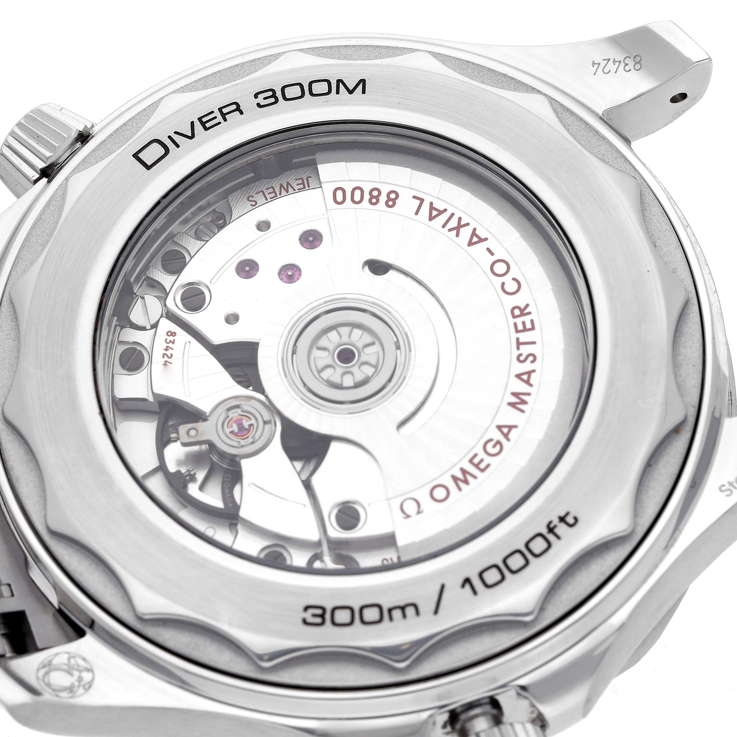 The image shows the back of the Omega Seamaster 210.30.42.20.01.001 Men's Stainless Steel Black Dial 210.30.42.20.01.001 Men's Stainless Steel Black Dial, highlighting its movement and transparent case back.