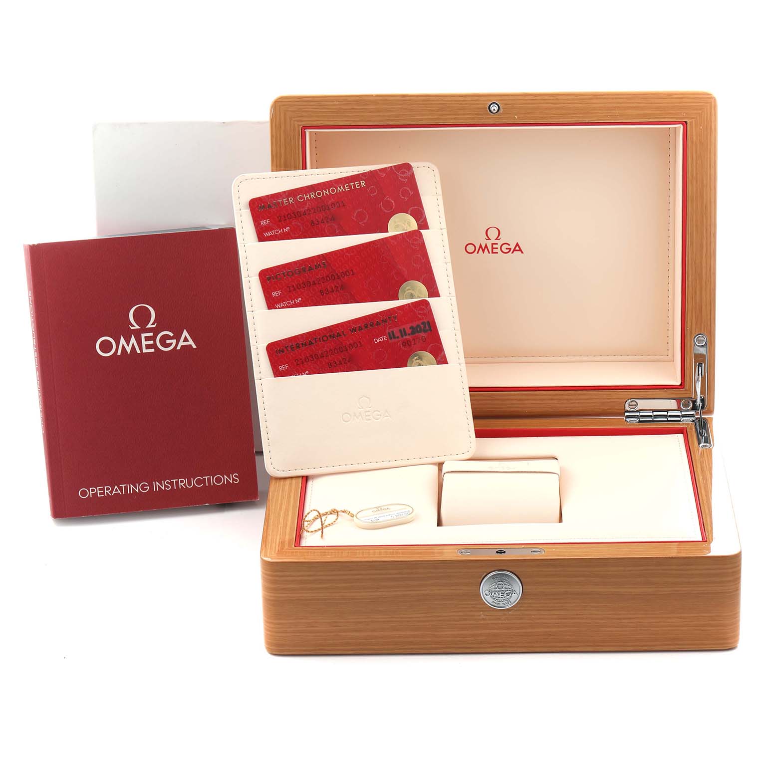 The image shows an Omega Seamaster 210.30.42.20.01.001 Men's Stainless Steel Black Dial 210.30.42.20.01.001 Men's Stainless Steel Black Dial presentation box, operating instructions, and certification cards.