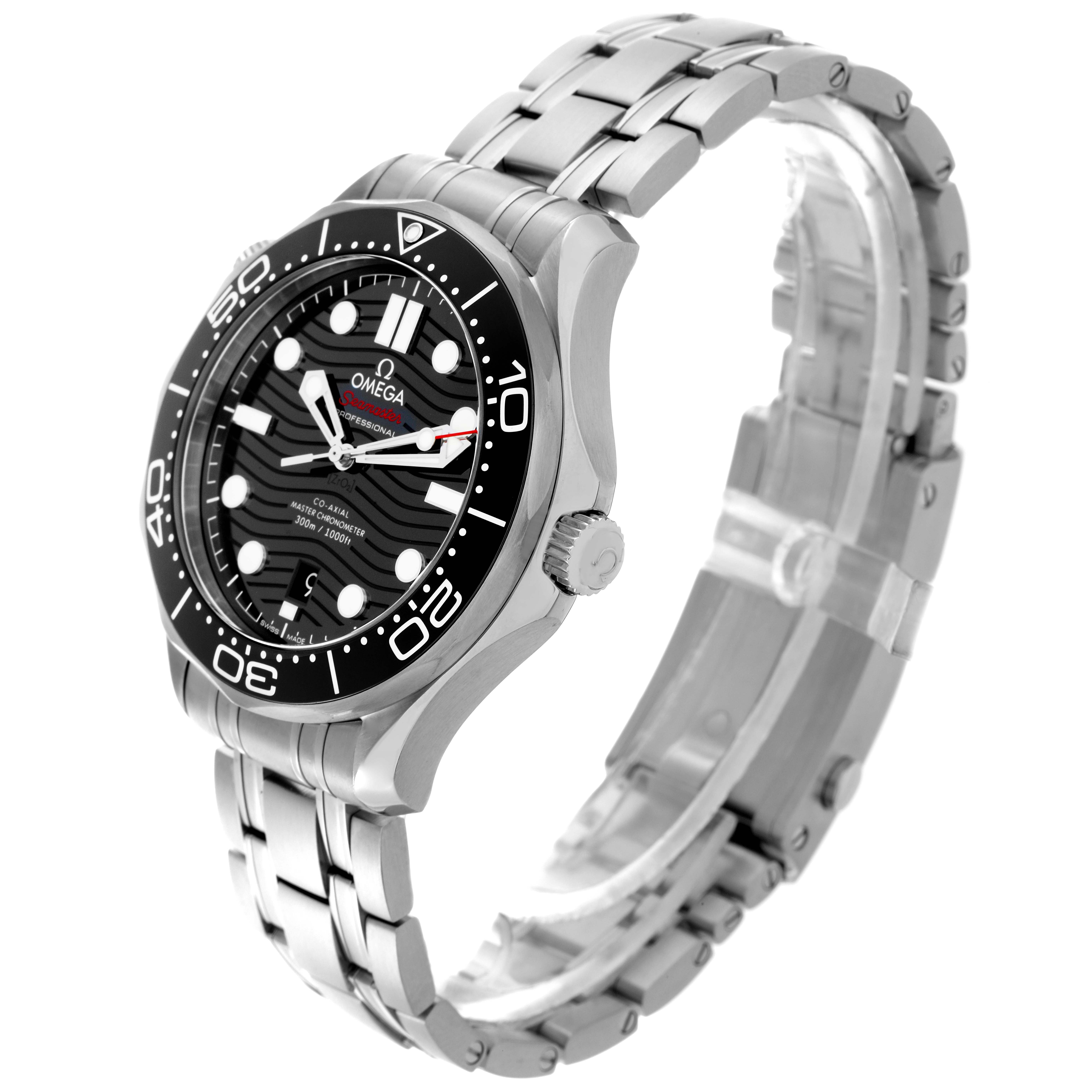 The Omega Seamaster 210.30.42.20.01.001 Men's Stainless Steel Black Dial 210.30.42.20.01.001 Men's Stainless Steel Black Dial watch is shown at a three-quarter angle, highlighting the dial, bezel, crown, and bracelet.