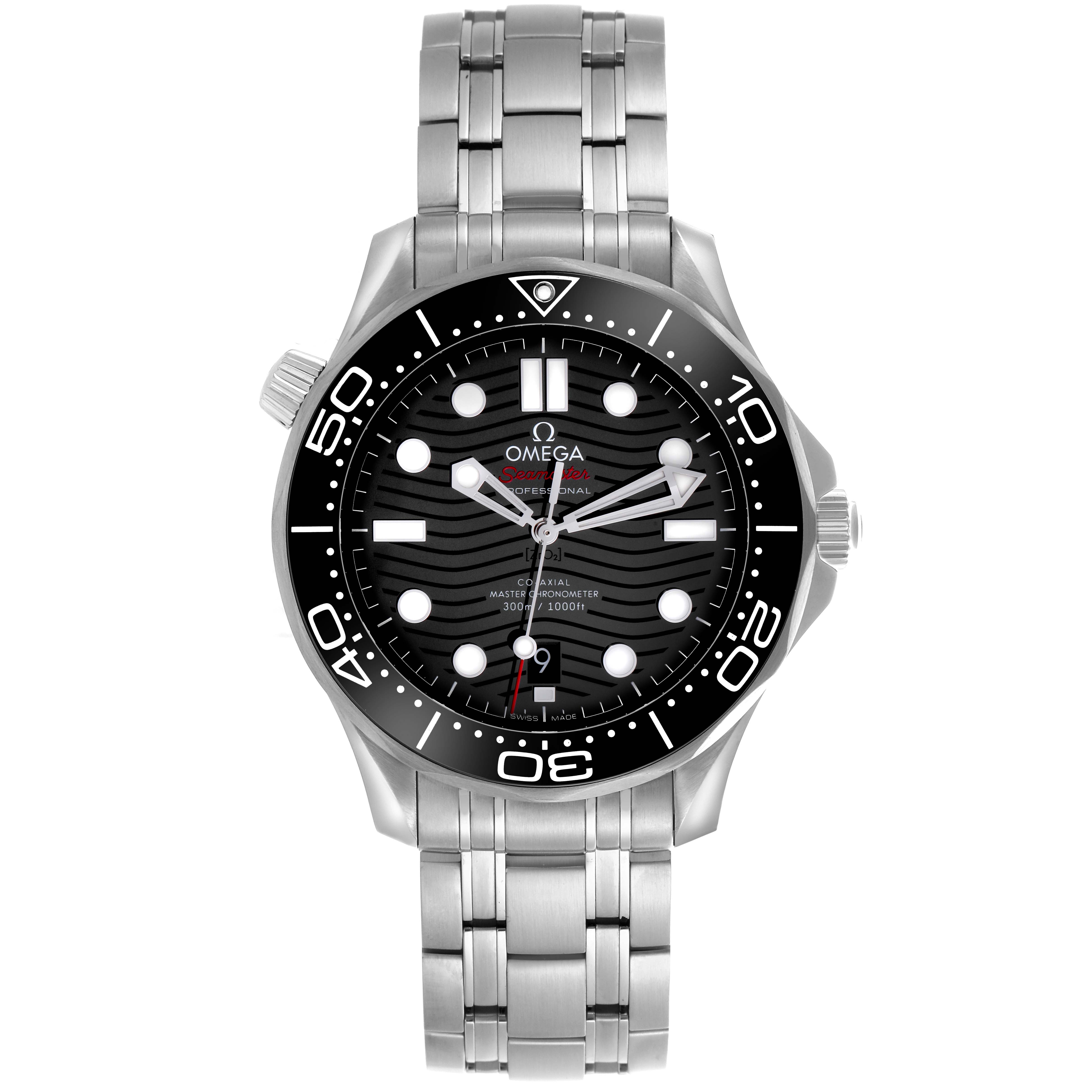 The Omega Seamaster 210.30.42.20.01.001 Men's Stainless Steel Black Dial 210.30.42.20.01.001 Men's Stainless Steel Black Dial watch is shown from the front, displaying its face, bezel, and stainless steel bracelet.
