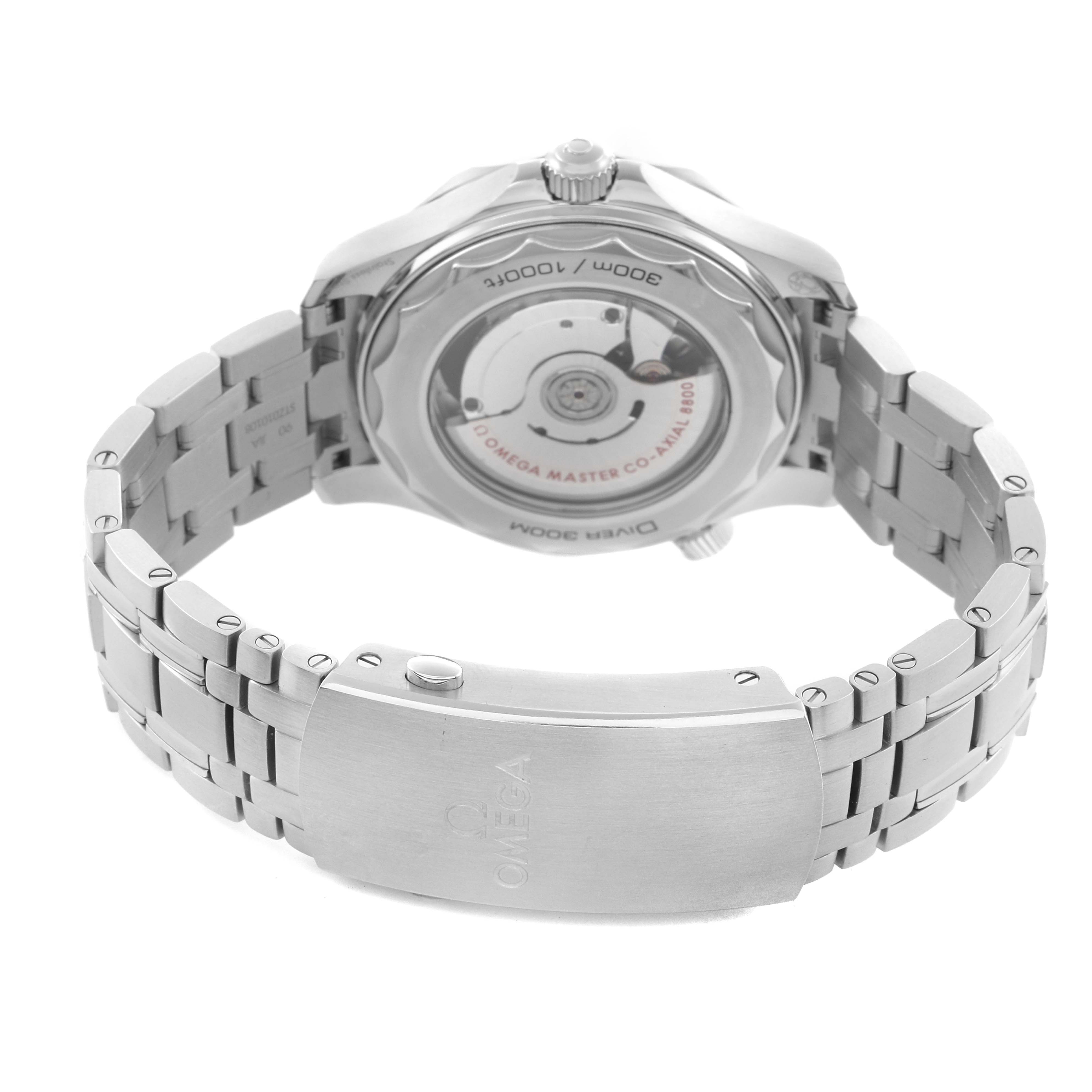 The image shows the back view of an Omega Seamaster 210.30.42.20.01.001 Men's Stainless Steel Black Dial 210.30.42.20.01.001 Men's Stainless Steel Black Dial, highlighting the clasp and exhibition case back.