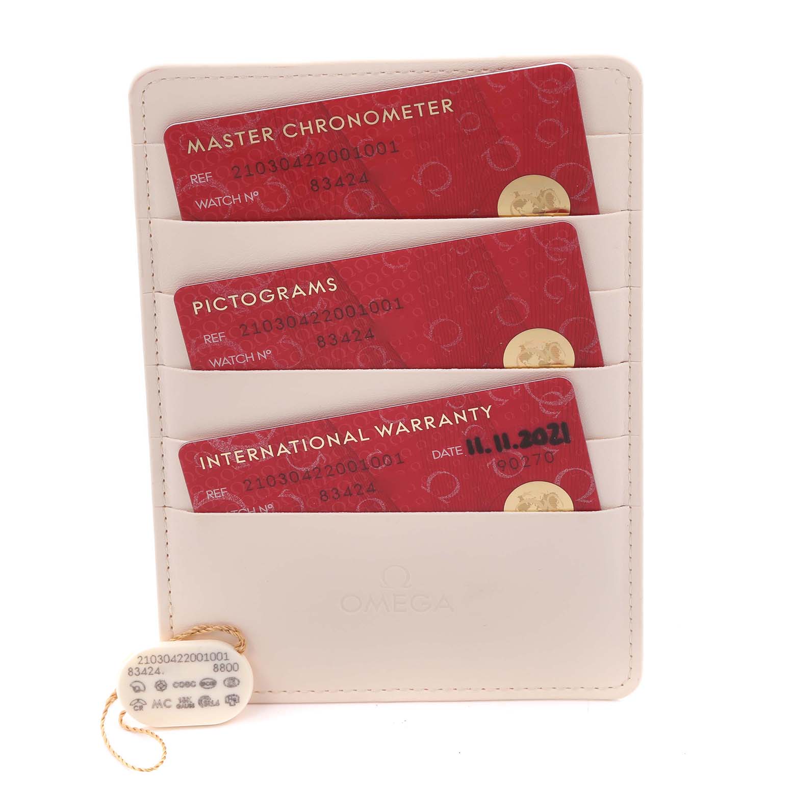 The image shows warranty and certification cards for the Omega Seamaster 210.30.42.20.01.001 Men's Stainless Steel Black Dial 210.30.42.20.01.001 Men's Stainless Steel Black Dial watch, displayed in a branded cardholder.