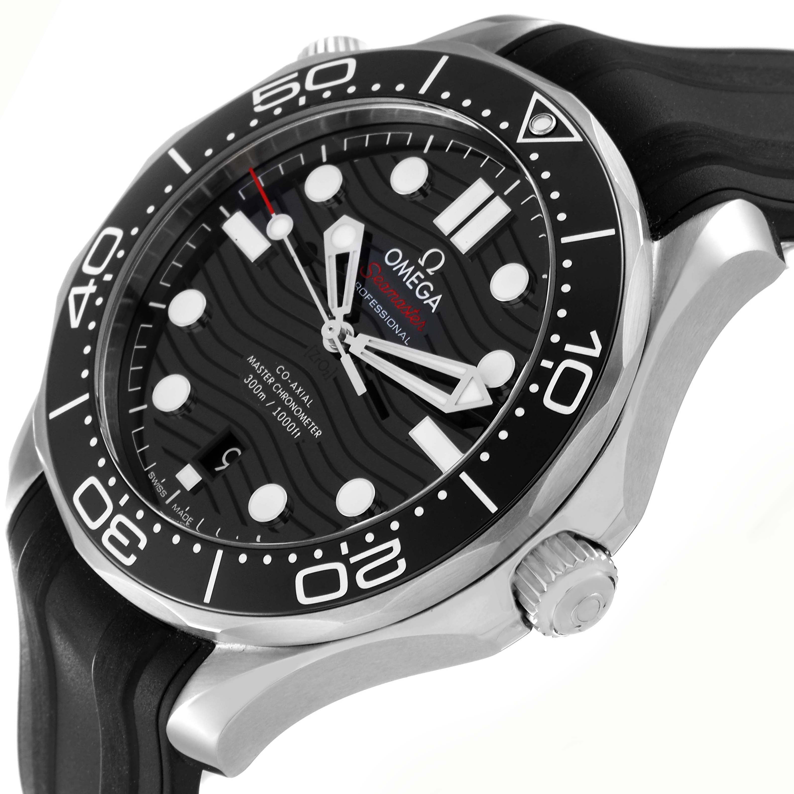 The image shows an angled view of the Omega Seamaster 210.32.42.20.01.001 Men's Stainless Steel Black Dial 210.32.42.20.01.001 Men's Stainless Steel Black Dial watch, highlighting the bezel, dial, crown, and strap.