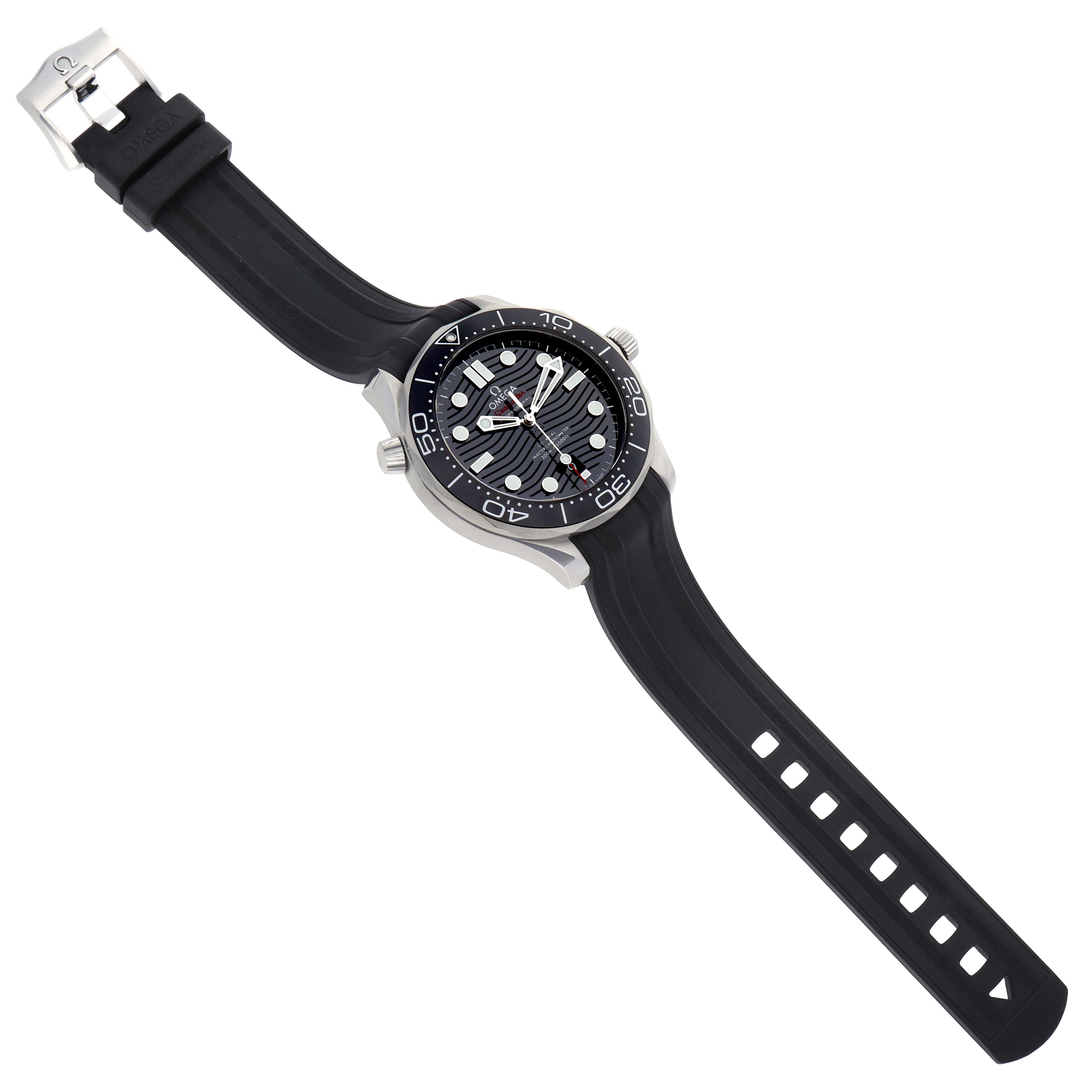 The Omega Seamaster 210.32.42.20.01.001 Men's Stainless Steel Black Dial 210.32.42.20.01.001 Men's Stainless Steel Black Dial watch is shown at an angled top view, displaying the face, bezel, crown, and rubber strap.