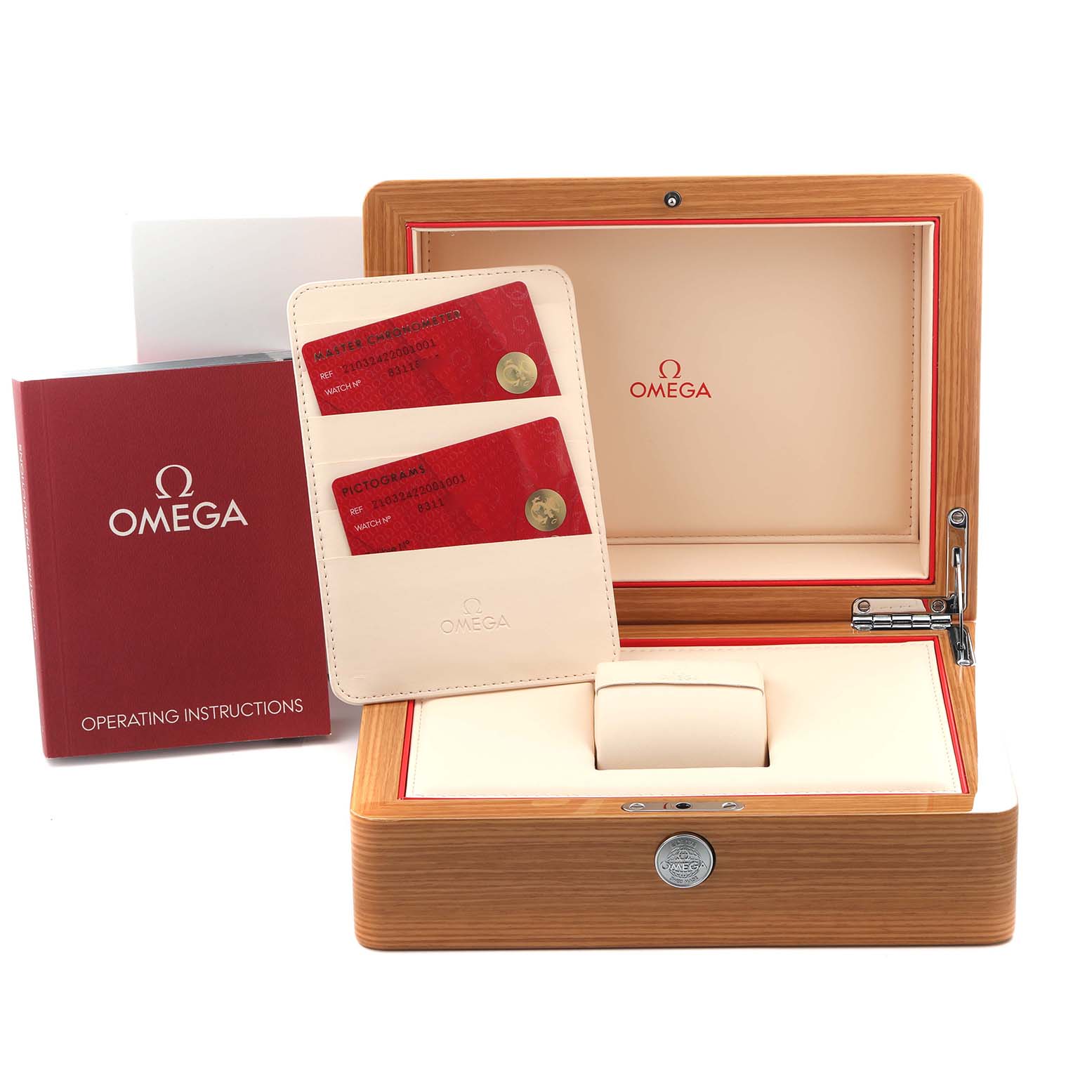 The image shows an open Omega Seamaster 210.32.42.20.01.001 Men's Stainless Steel Black Dial 210.32.42.20.01.001 Men's Stainless Steel Black Dial watch box with operating instructions and warranty cards on display.