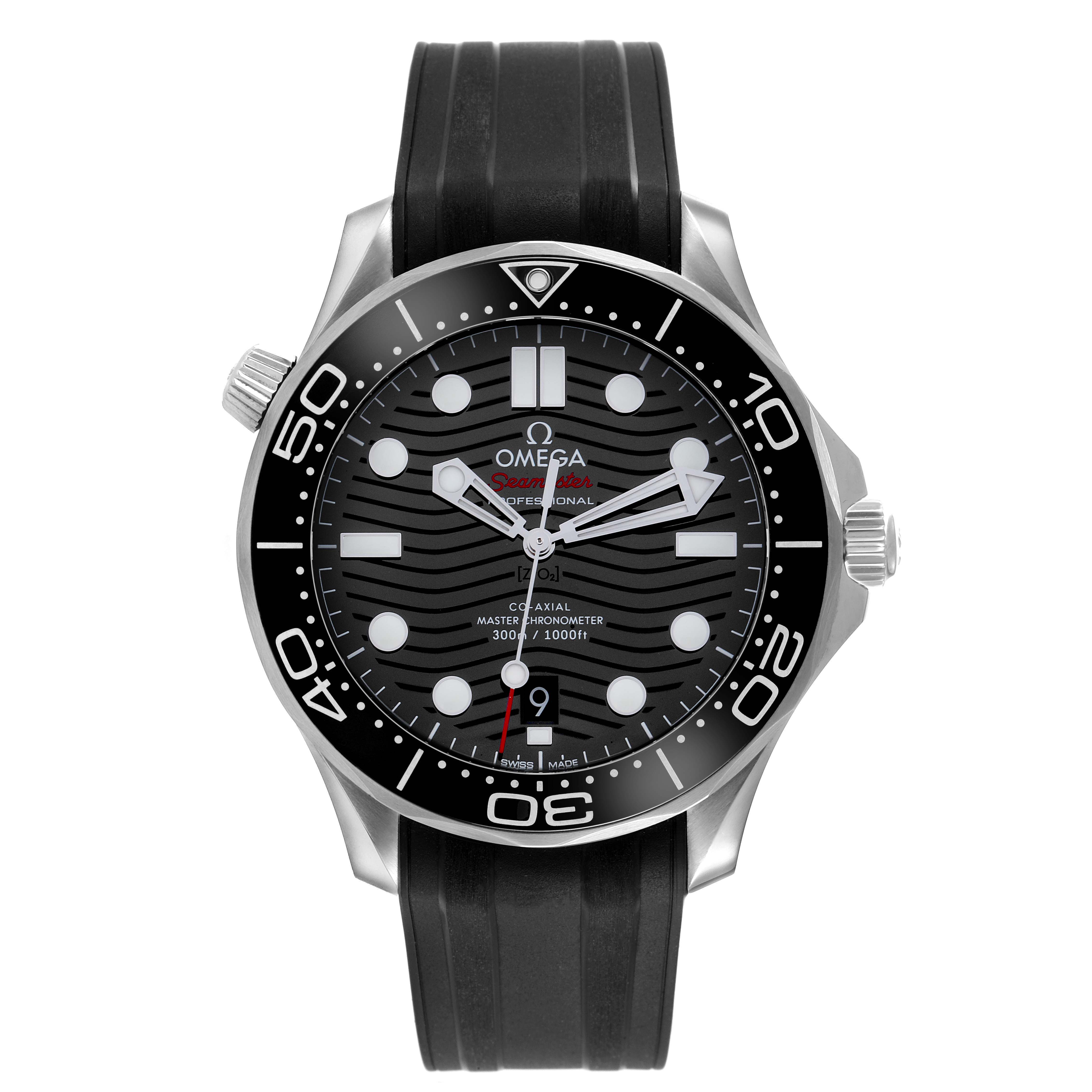 The Omega Seamaster 210.32.42.20.01.001 Men's Stainless Steel Black Dial 210.32.42.20.01.001 Men's Stainless Steel Black Dial watch is shown from the front, displaying its black dial, bezel, and rubber strap.