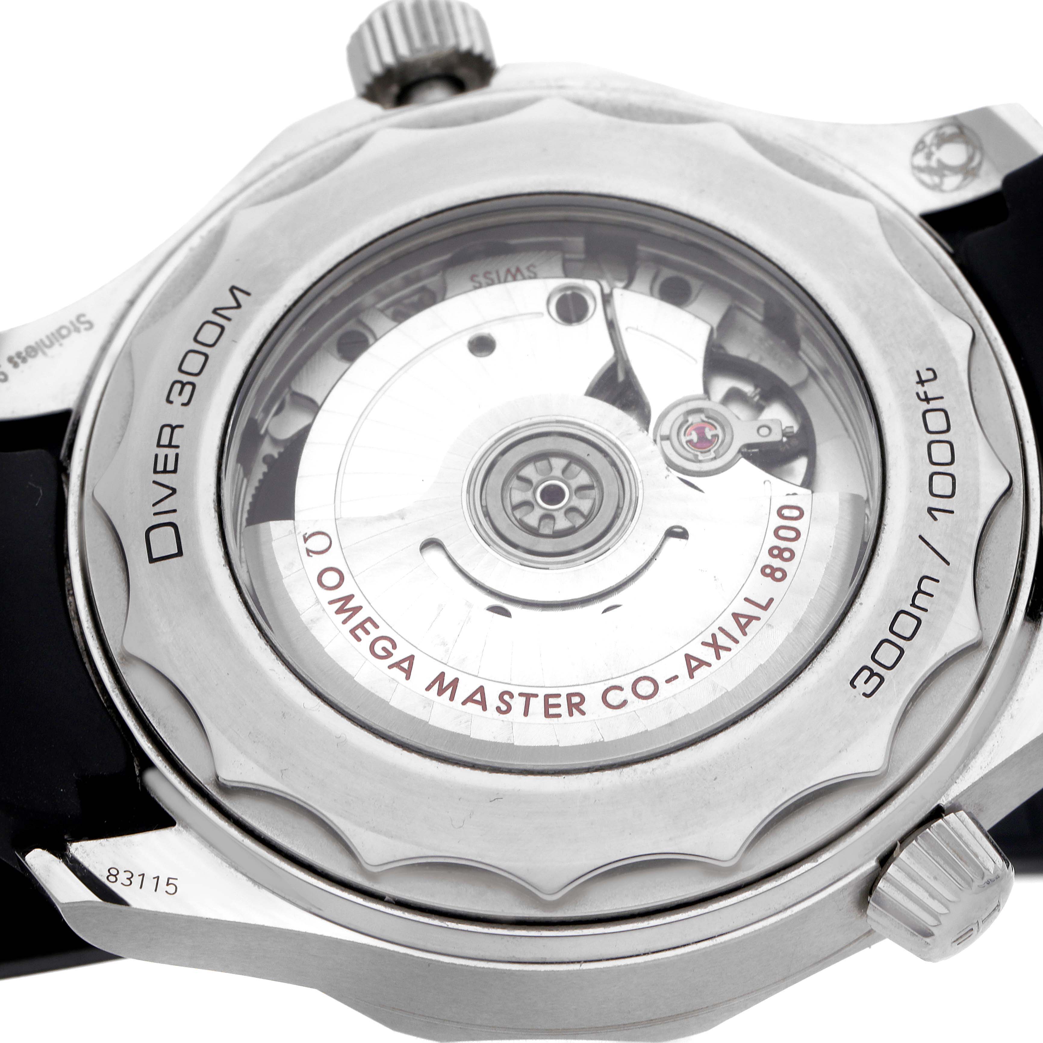 The image shows the back view of an Omega Seamaster 210.32.42.20.01.001 Men's Stainless Steel Black Dial 210.32.42.20.01.001 Men's Stainless Steel Black Dial, highlighting the Co-Axial 8800 movement and water resistance markings.