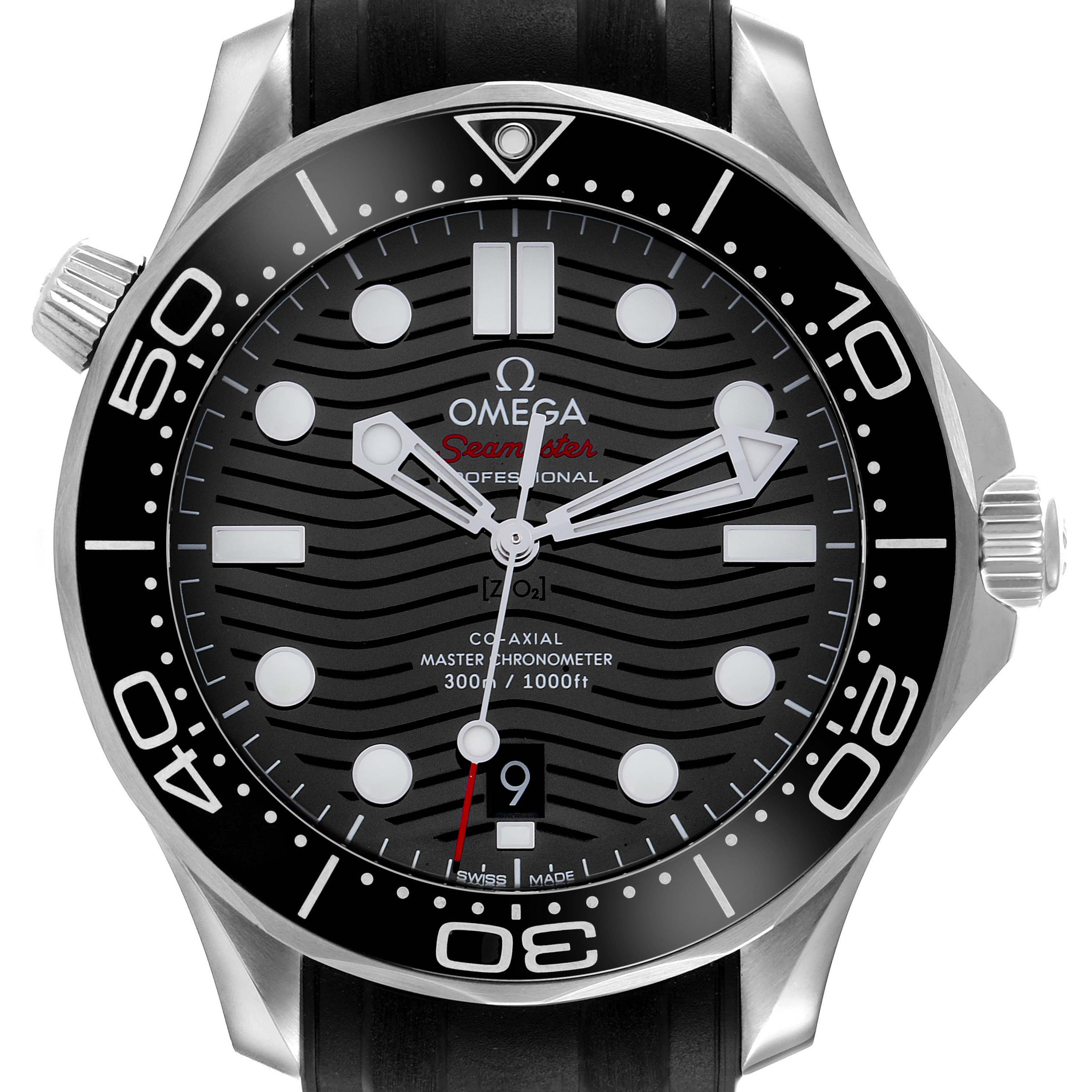 The Omega Seamaster 210.32.42.20.01.001 Men's Stainless Steel Black Dial 210.32.42.20.01.001 Men's Stainless Steel Black Dial watch is shown from the front, displaying the dial, bezel, hands, and crown.
