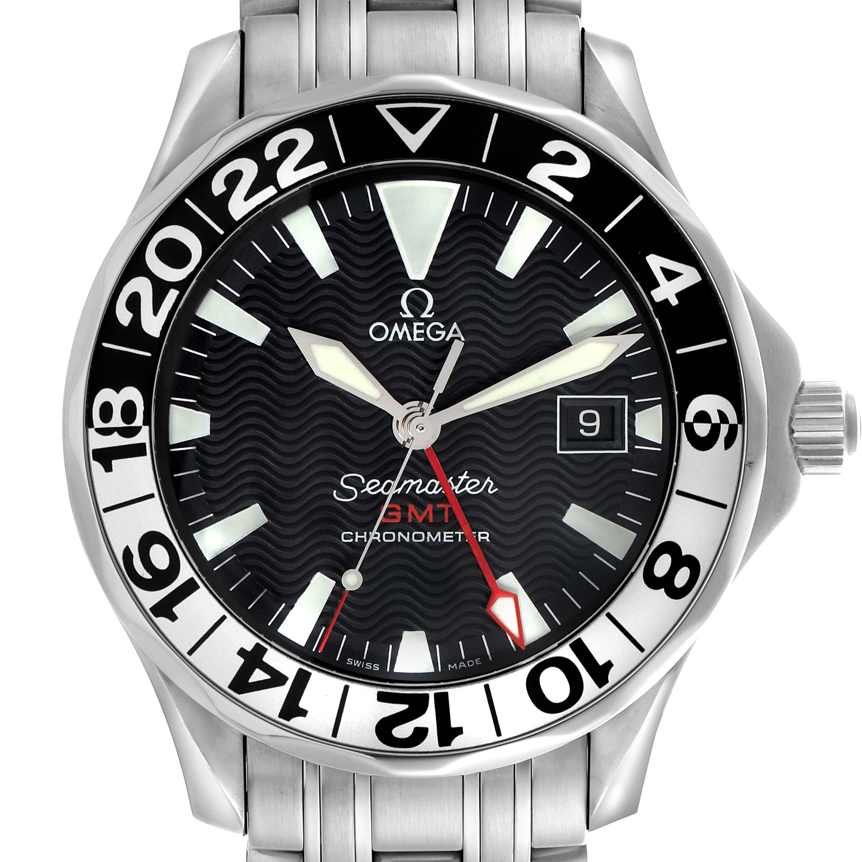 The Omega Seamaster 2534.50.00 Men's Stainless Steel Black Dial 2534.50.00 Men's Stainless Steel Black Dial watch is shown from the front, displaying its face, bezel, crown, and part of the bracelet.