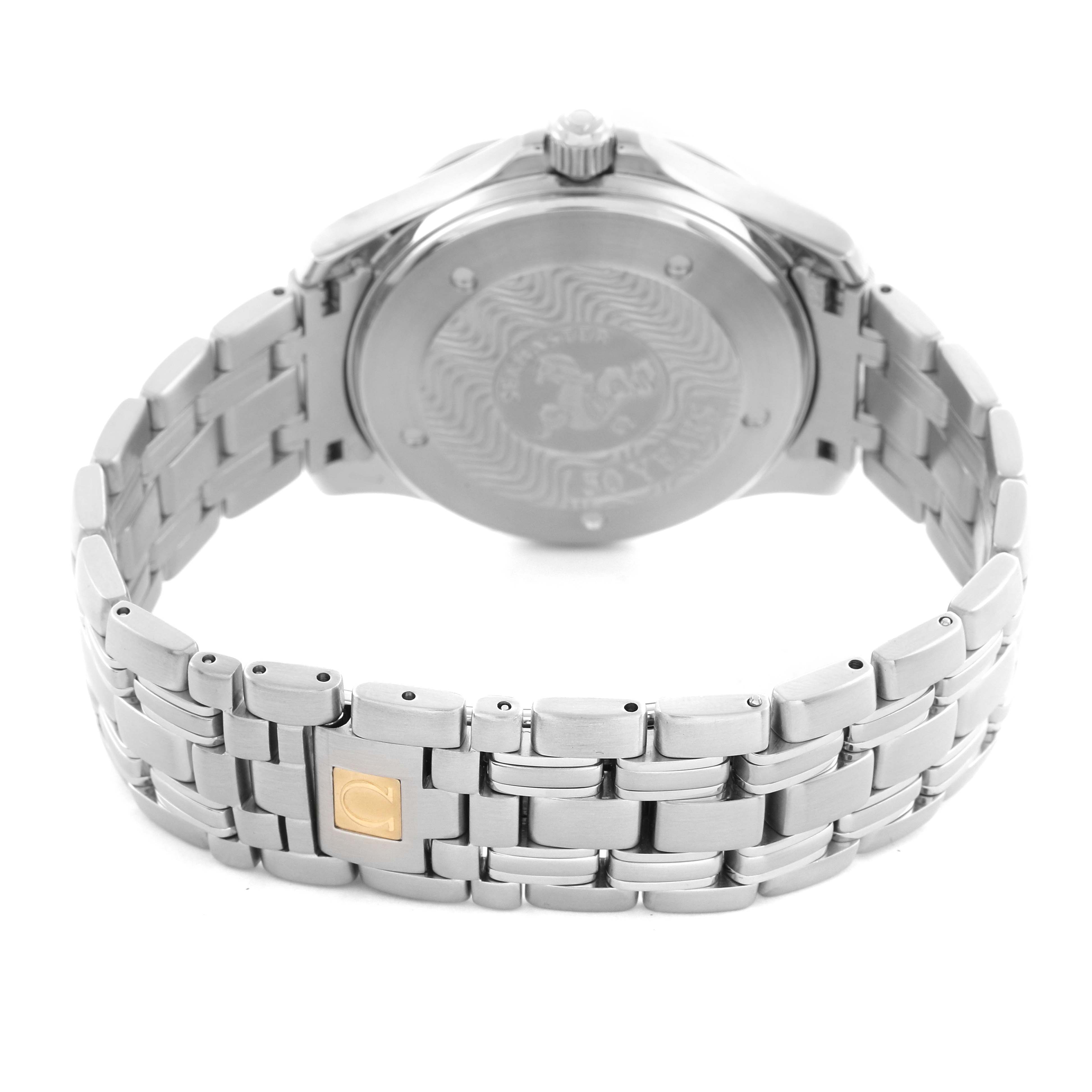 The image shows the back case and bracelet of an Omega Seamaster 2534.50.00 Men's Stainless Steel Black Dial 2534.50.00 Men's Stainless Steel Black Dial watch, highlighting its metallic finish and clasp detail.