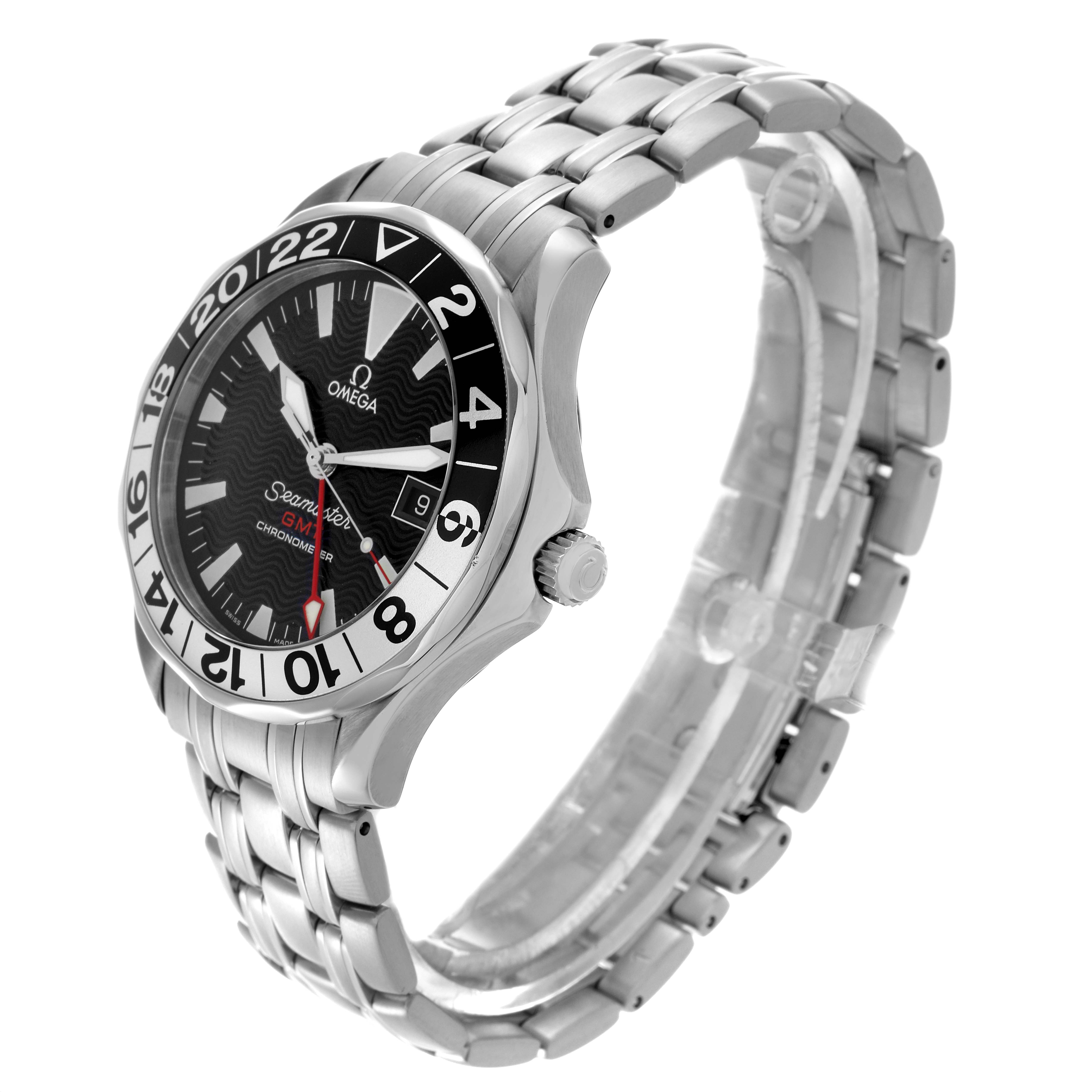 The Omega Seamaster 2534.50.00 Men's Stainless Steel Black Dial 2534.50.00 Men's Stainless Steel Black Dial watch is shown with a side angle, highlighting the face, bezel, crown, and stainless steel bracelet.
