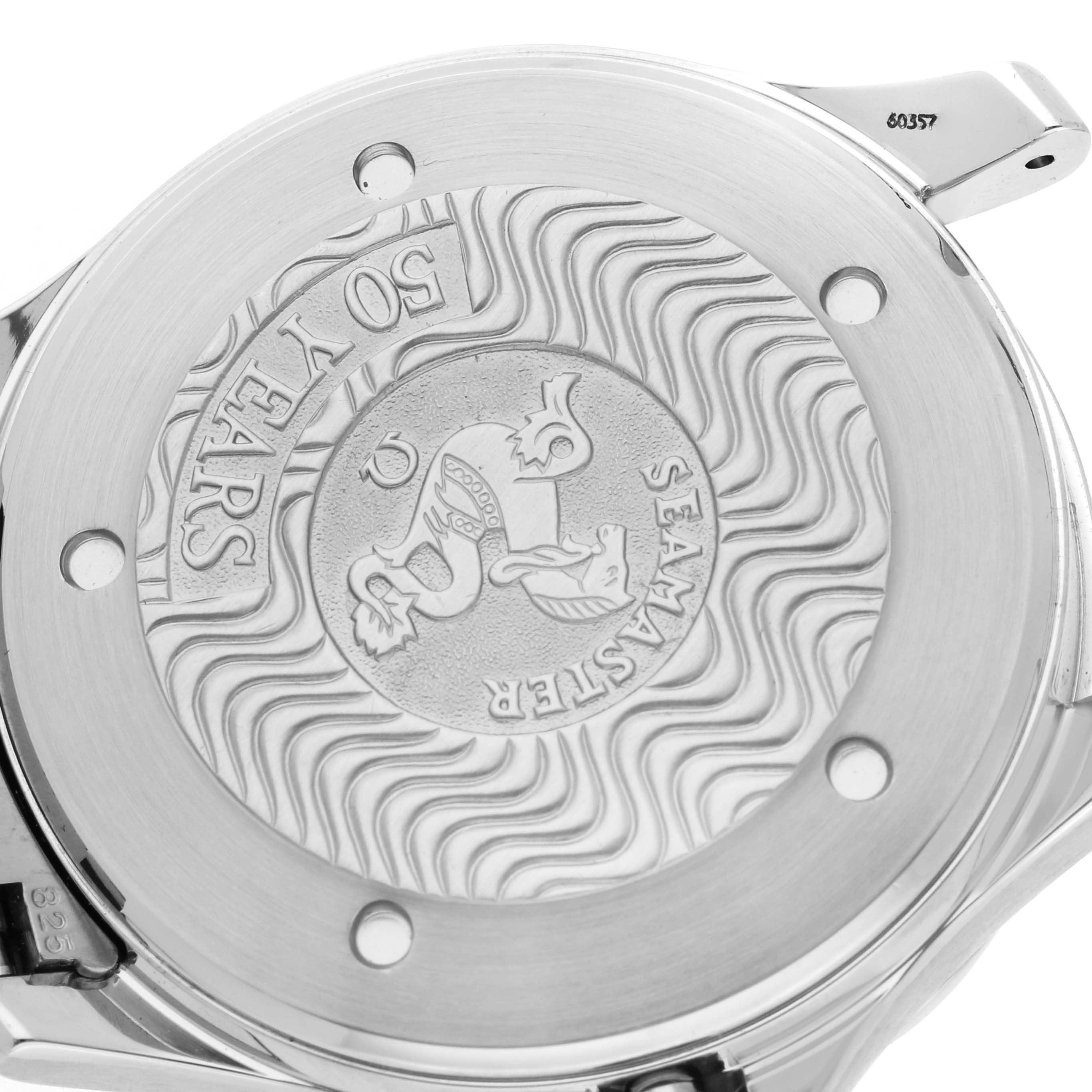 The image shows the back of an Omega Seamaster 2534.50.00 Men's Stainless Steel Black Dial 2534.50.00 Men's Stainless Steel Black Dial watch, highlighting its engraved logo and commemorative details.