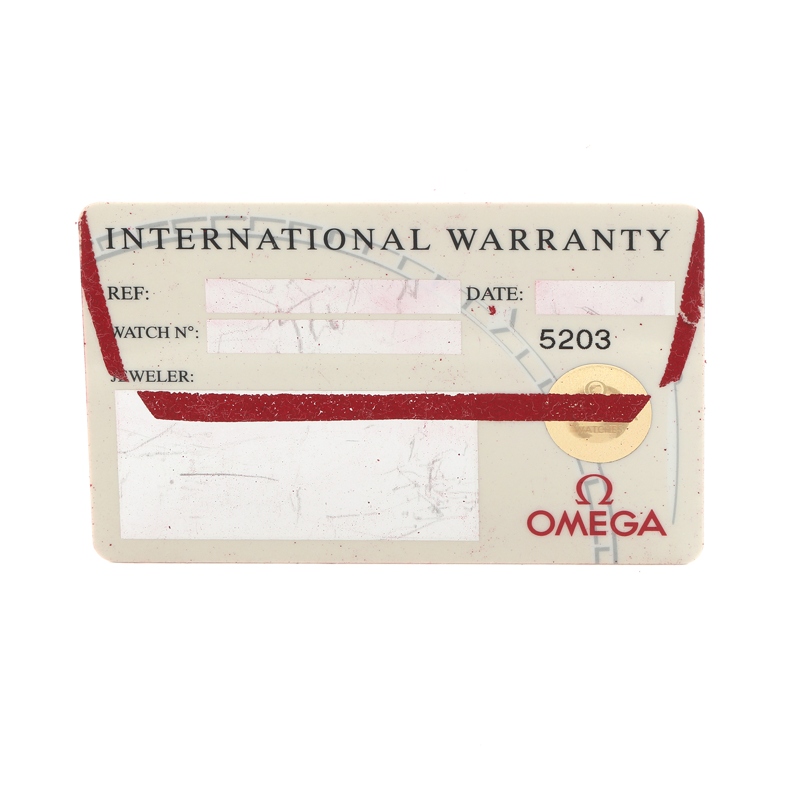 The image shows an Omega Seamaster 2534.50.00 Men's Stainless Steel Black Dial international warranty card with red accents and the brand logo.