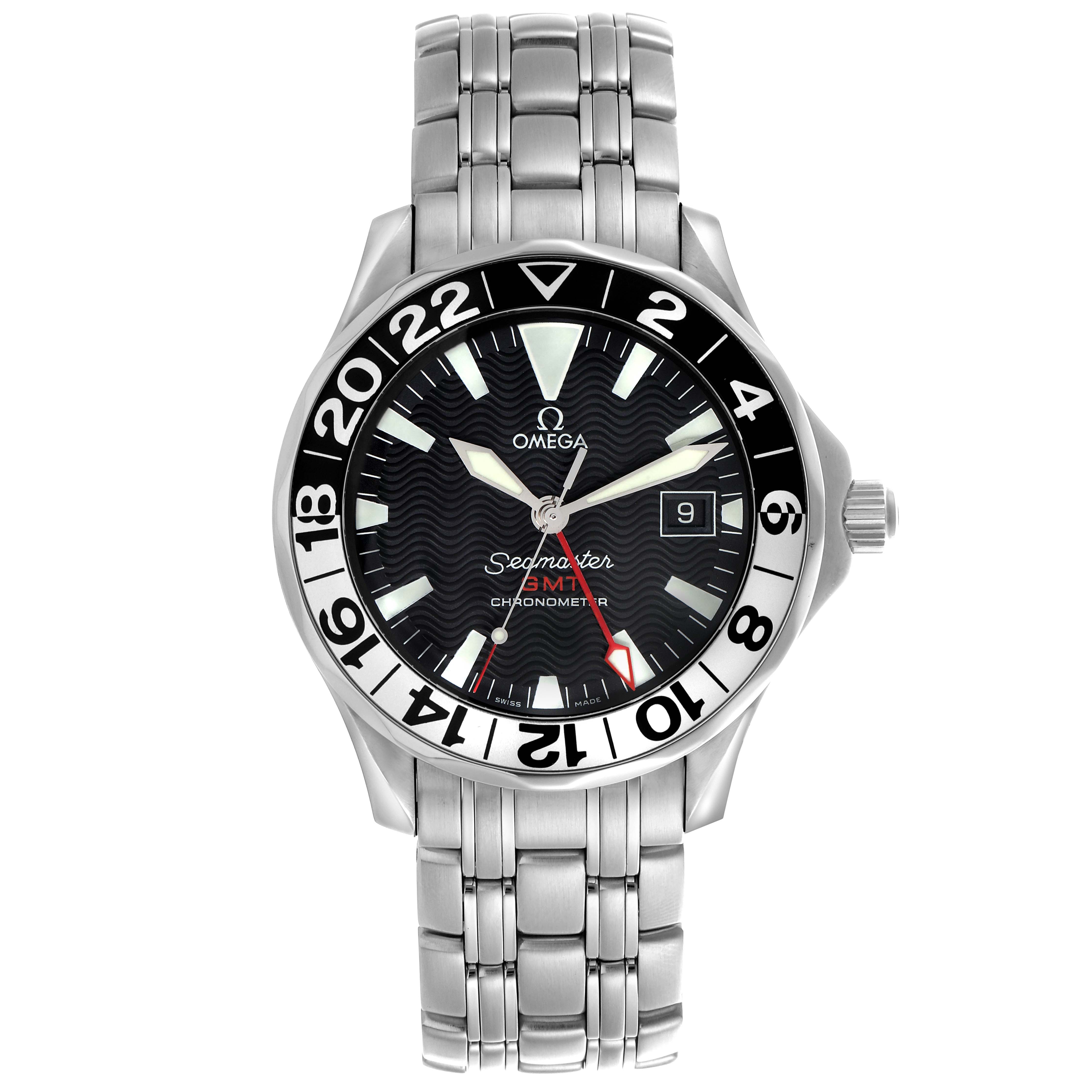 The Omega Seamaster 2534.50.00 Men's Stainless Steel Black Dial 2534.50.00 Men's Stainless Steel Black Dial watch is shown from a top-down angle, displaying the face, bezel, hands, and stainless steel bracelet.