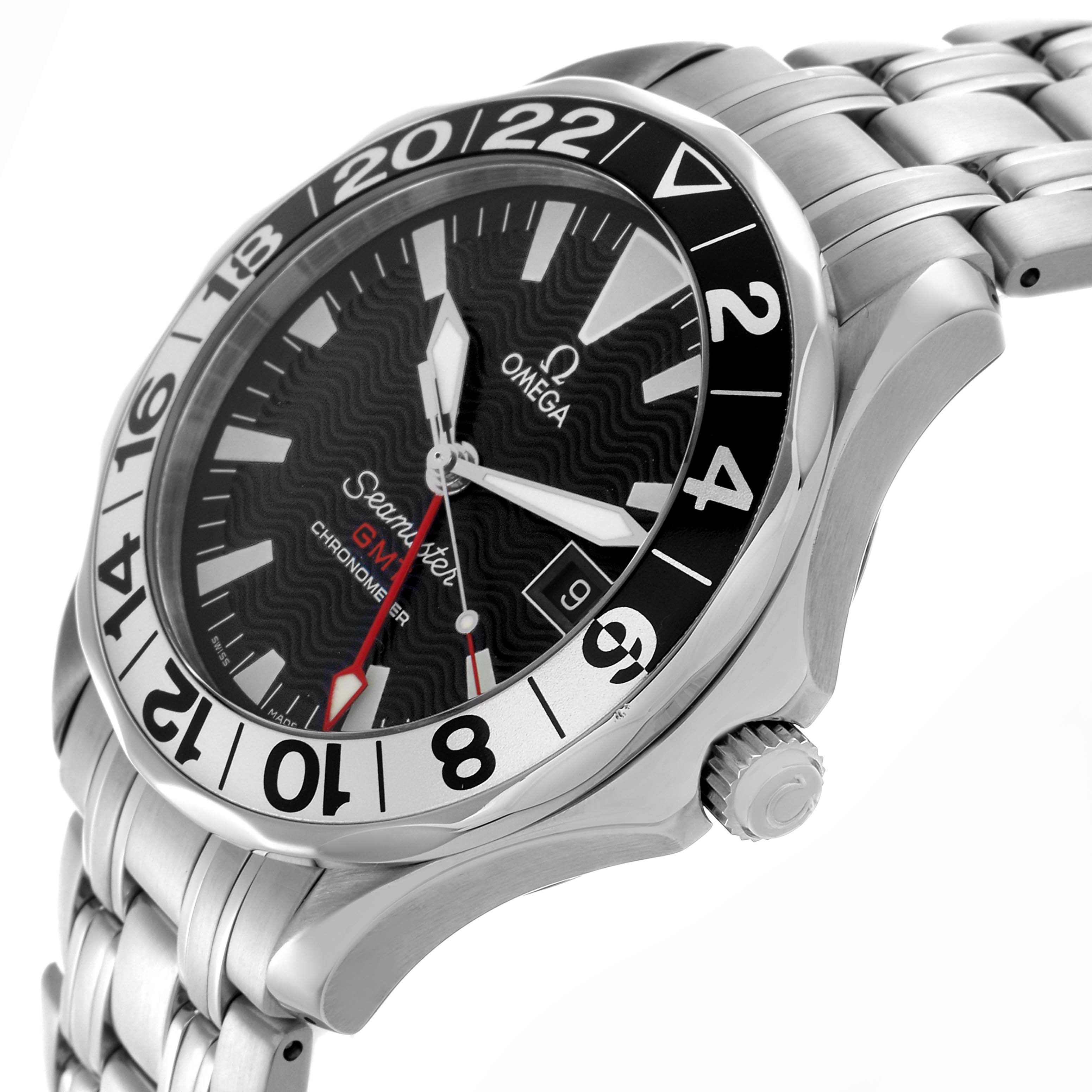 The Omega Seamaster 2534.50.00 Men's Stainless Steel Black Dial 2534.50.00 Men's Stainless Steel Black Dial watch is shown from a front-left angle, highlighting the bezel, dial, crown, and stainless steel bracelet.