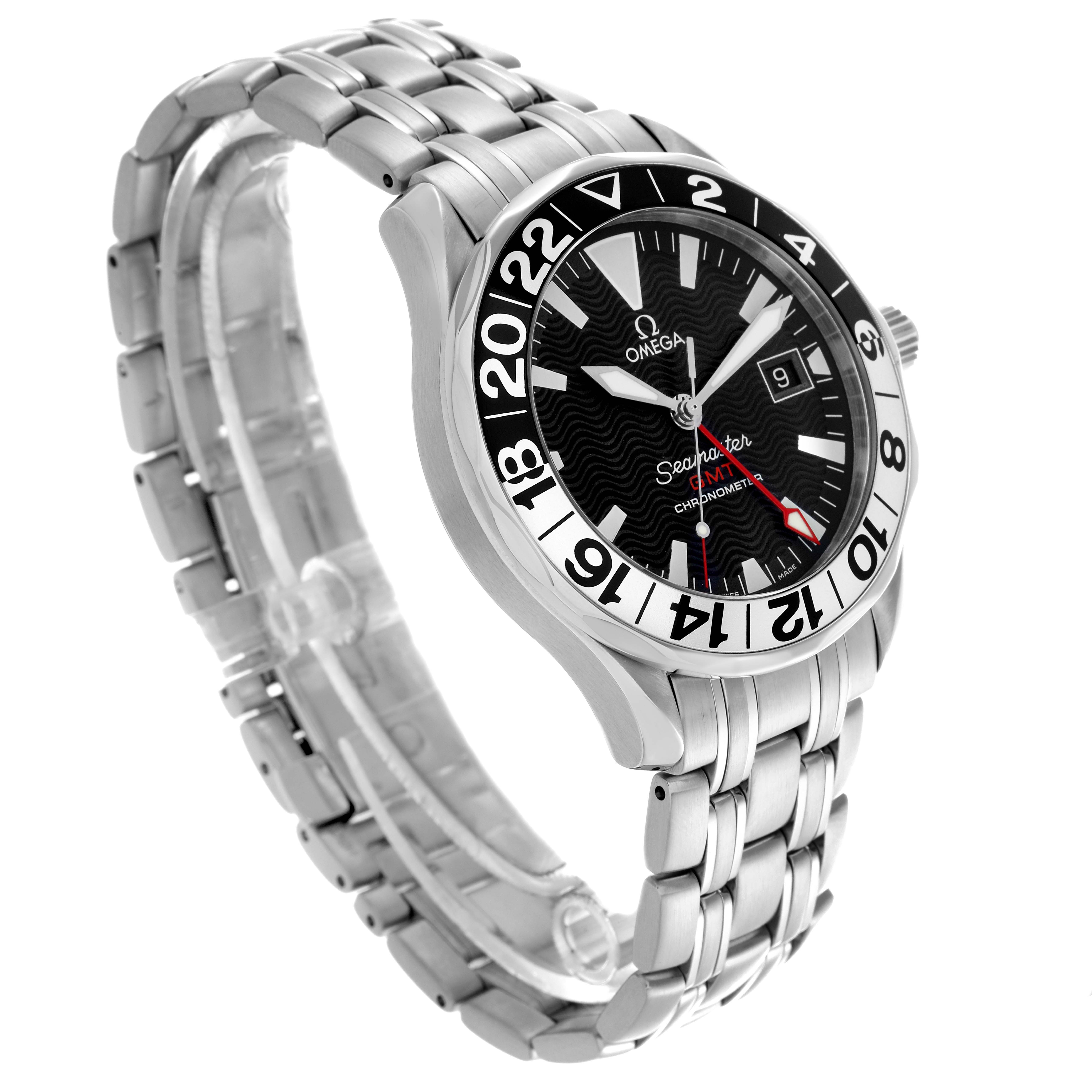 The Omega Seamaster 2534.50.00 Men's Stainless Steel Black Dial 2534.50.00 Men's Stainless Steel Black Dial watch is shown at a three-quarter angle, displaying the dial, bezel, and metal bracelet.