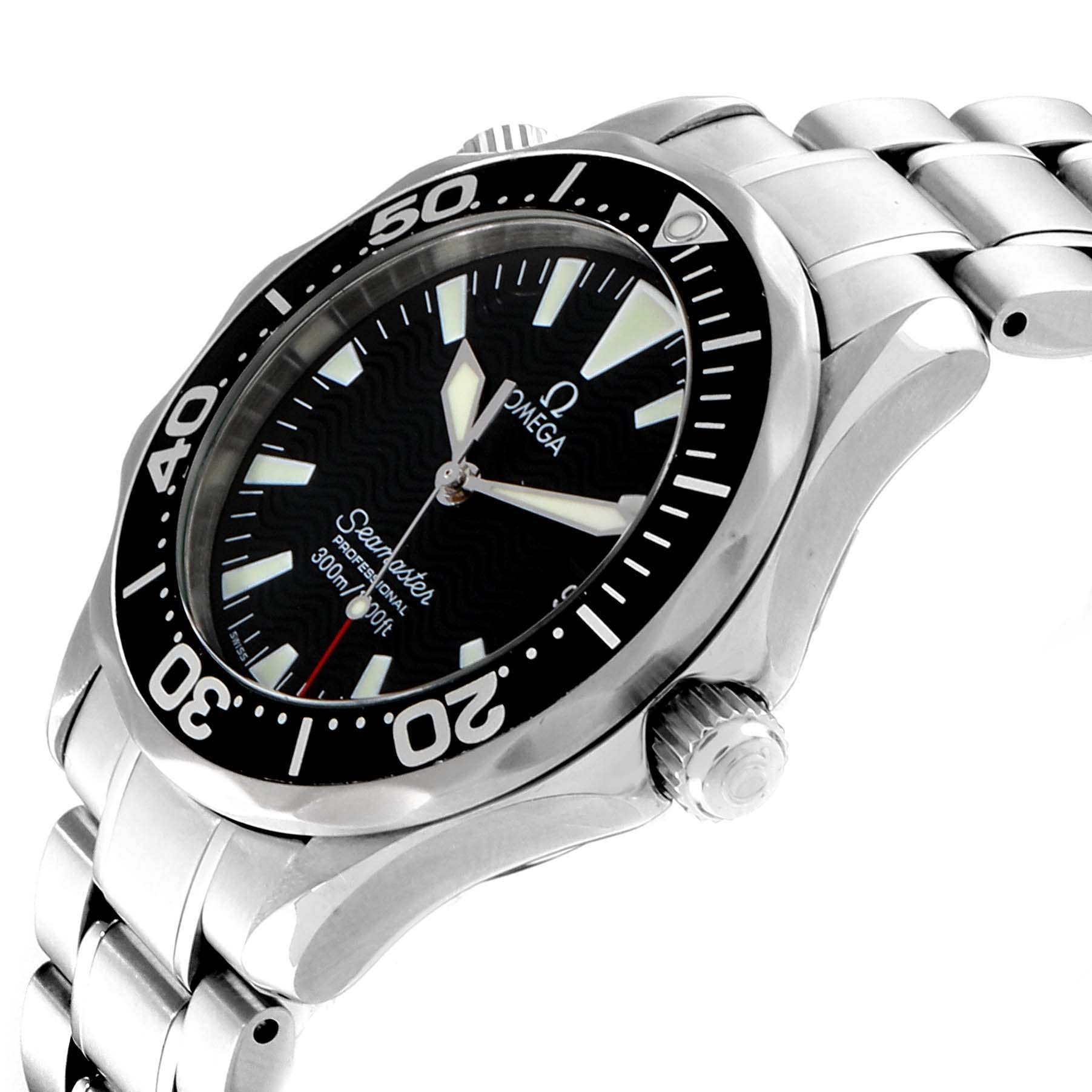 The image shows an angled side view of the Omega 2262.50.00  Men
s Stainless Steel Black Dial 2262.50.00  Men
s Stainless Steel Black Dial Seamaster Midsize 36 Quartz Steel Men
s Watch 2262.50.00, highlighting the bezel, crown, and part of the bracelet.