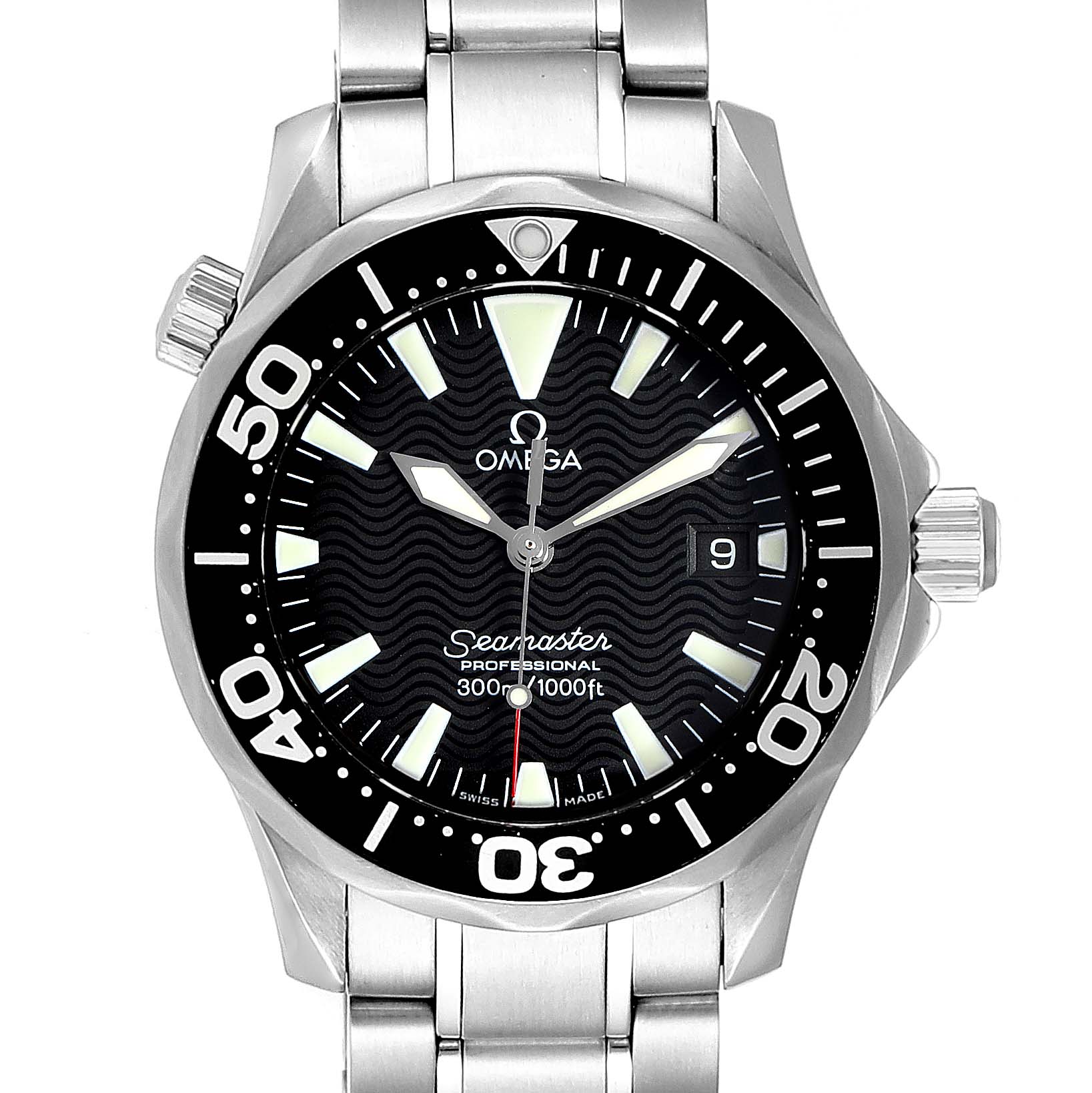 The image shows a front view of the Omega 2262.50.00  Men
s Stainless Steel Black Dial 2262.50.00  Men
s Stainless Steel Black Dial Seamaster Midsize 36 Quartz Steel Men
s Watch model 2262.50.00.