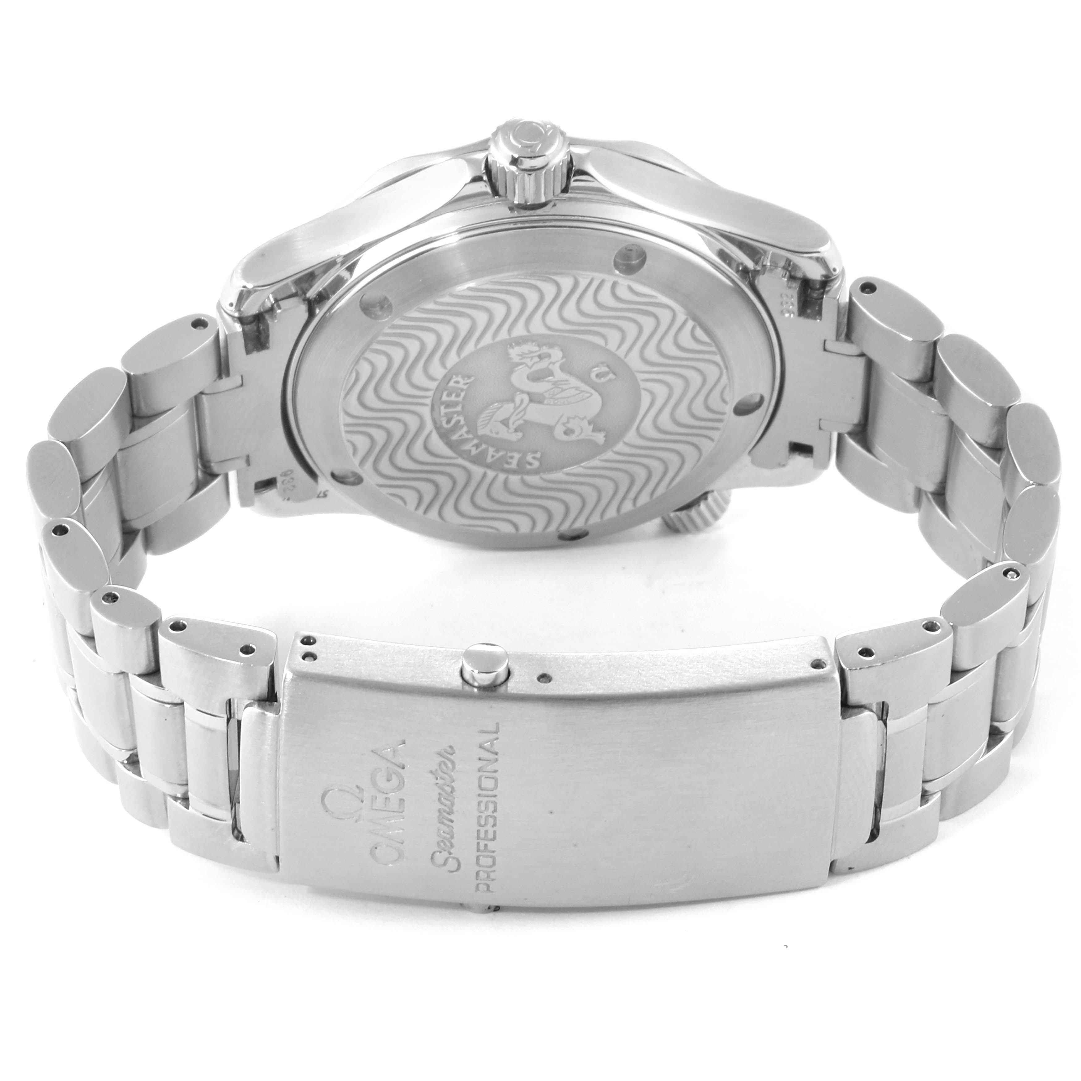 This image shows the back and bracelet clasp of the Omega 2262.50.00  Men
s Stainless Steel Black Dial 2262.50.00  Men
s Stainless Steel Black Dial Seamaster Midsize 36 Quartz Steel Men
s Watch 2262.50.00.