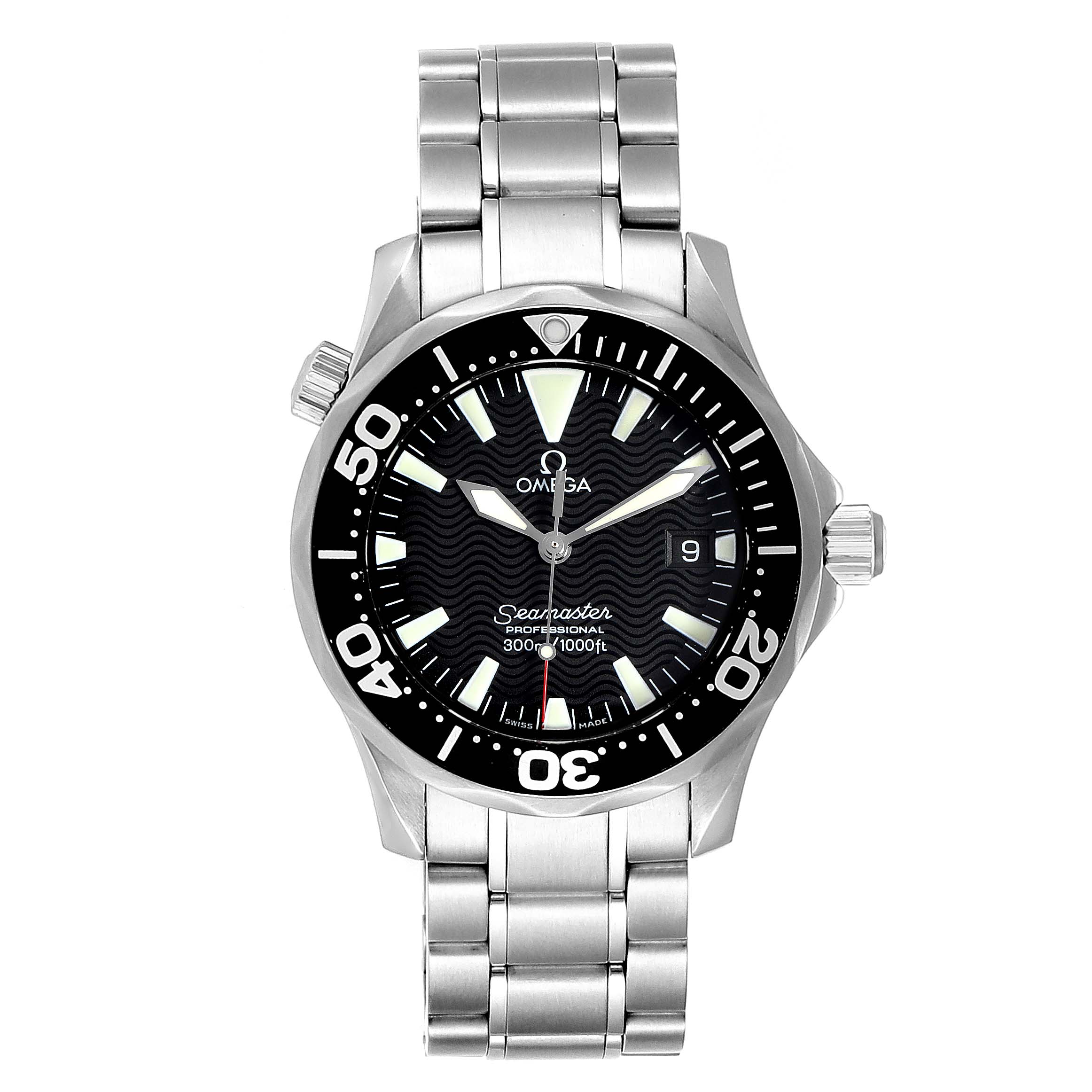 The image shows the Omega 2262.50.00  Men
s Stainless Steel Black Dial 2262.50.00  Men
s Stainless Steel Black Dial Seamaster Midsize 36 Quartz Steel Men
s Watch 2262.50.00 from a front angle, highlighting its dial, bezel, and bracelet.