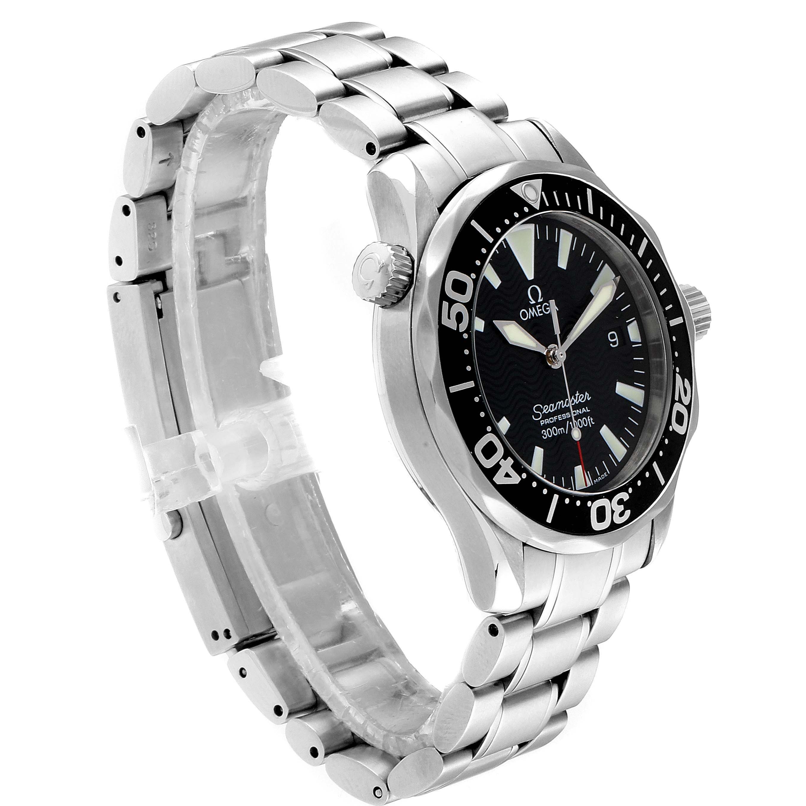 The Omega 2262.50.00  Men
s Stainless Steel Black Dial 2262.50.00  Men
s Stainless Steel Black Dial Seamaster Midsize 36 Quartz Steel Men
s Watch 2262.50.00 is shown at an angle highlighting the face, bezel, crown, and bracelet.