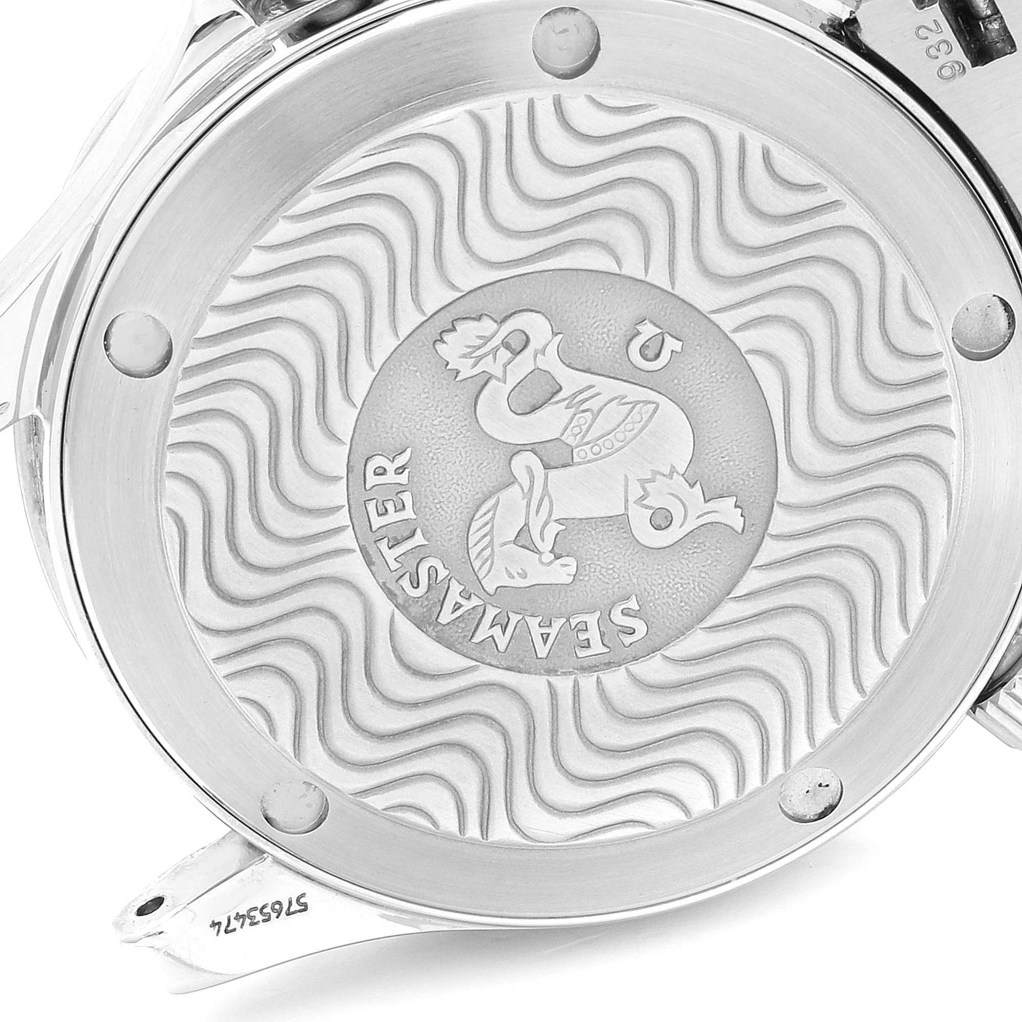 This image shows the case back of the Omega 2262.50.00  Men
s Stainless Steel Black Dial 2262.50.00  Men
s Stainless Steel Black Dial Seamaster Midsize 36 Quartz Steel Mens Watch 2262.50.00 with engraved details.