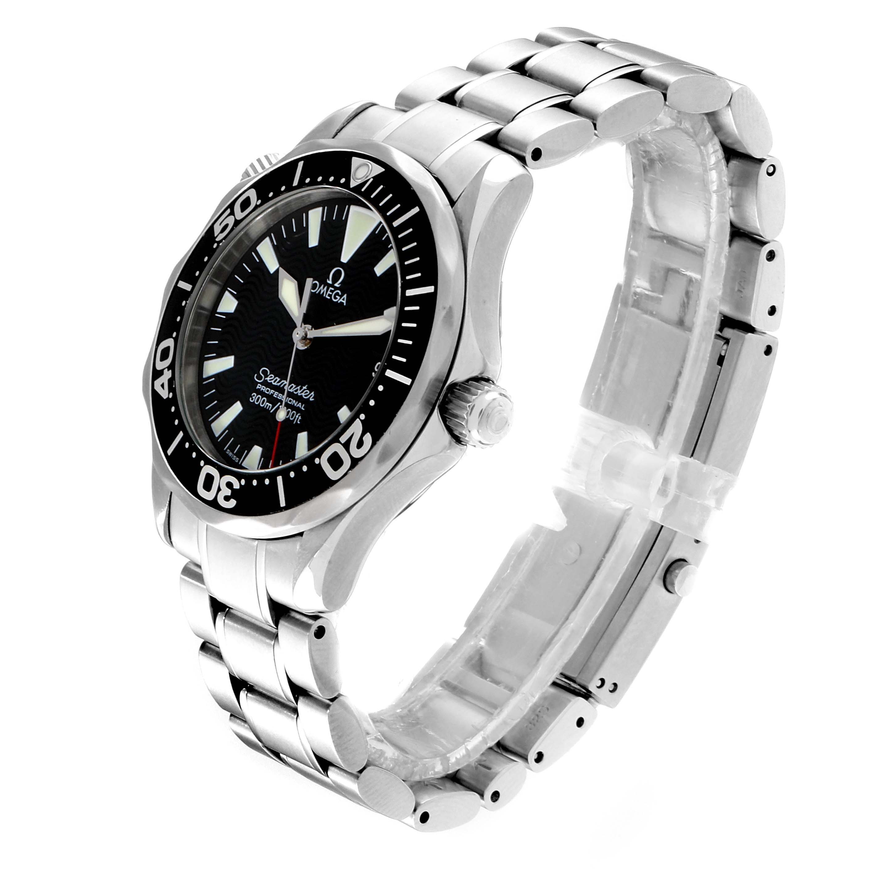 The image shows a side view of the Omega 2262.50.00  Men
s Stainless Steel Black Dial 2262.50.00  Men
s Stainless Steel Black Dial Seamaster Midsize 36 Quartz Steel Mens Watch 2262.50.00, highlighting the face, bezel, and bracelet.