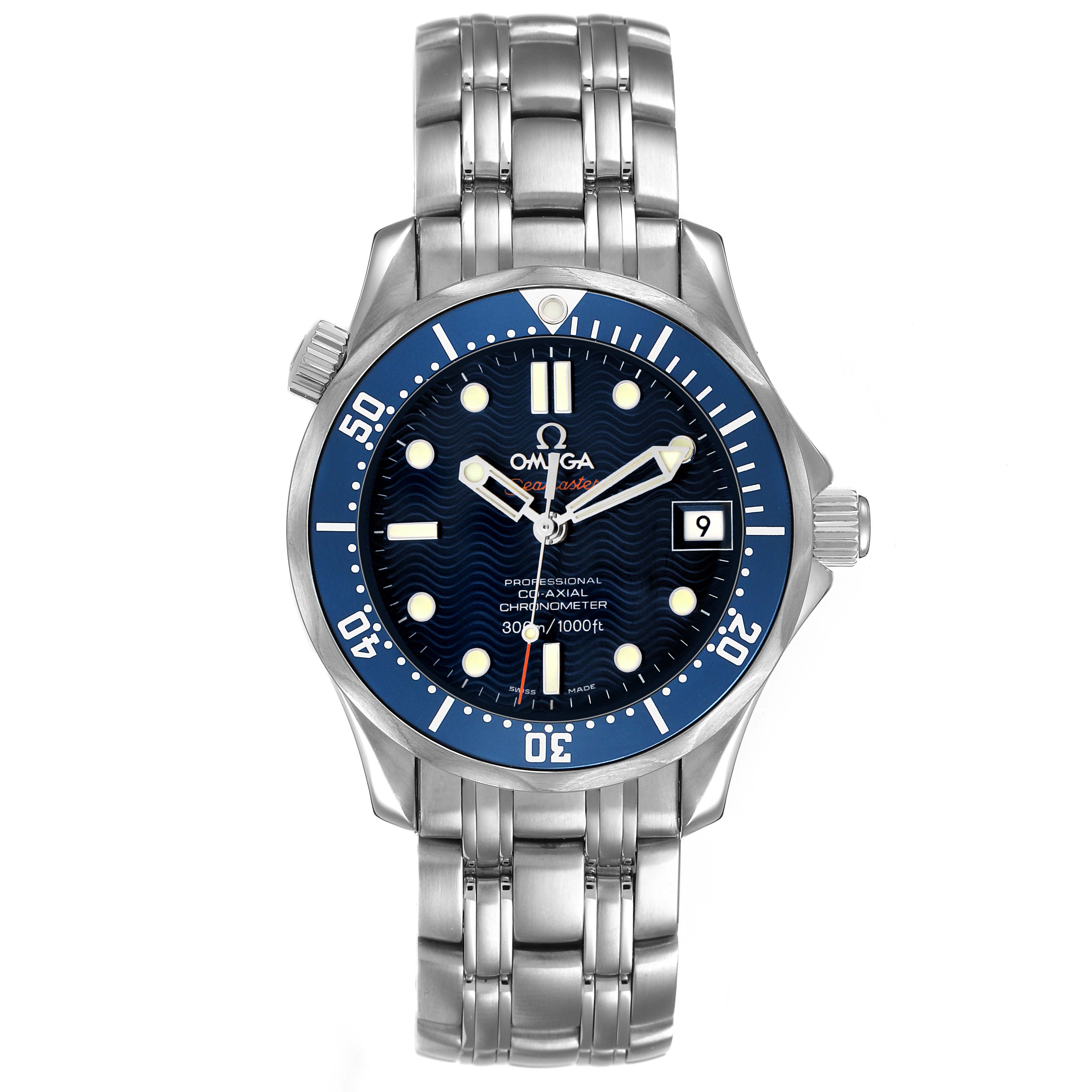 The image shows a frontal view of the Omega Seamaster 2222.80.00 Men's Stainless Steel Blue Dial watch, highlighting the face, bezel, and bracelet.