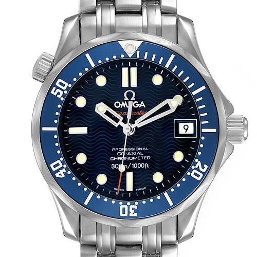 The Omega Seamaster 2222.80.00 Men's Stainless Steel Blue Dial watch is shown from a front view, highlighting the dial, bezel, crown, and bracelet links.